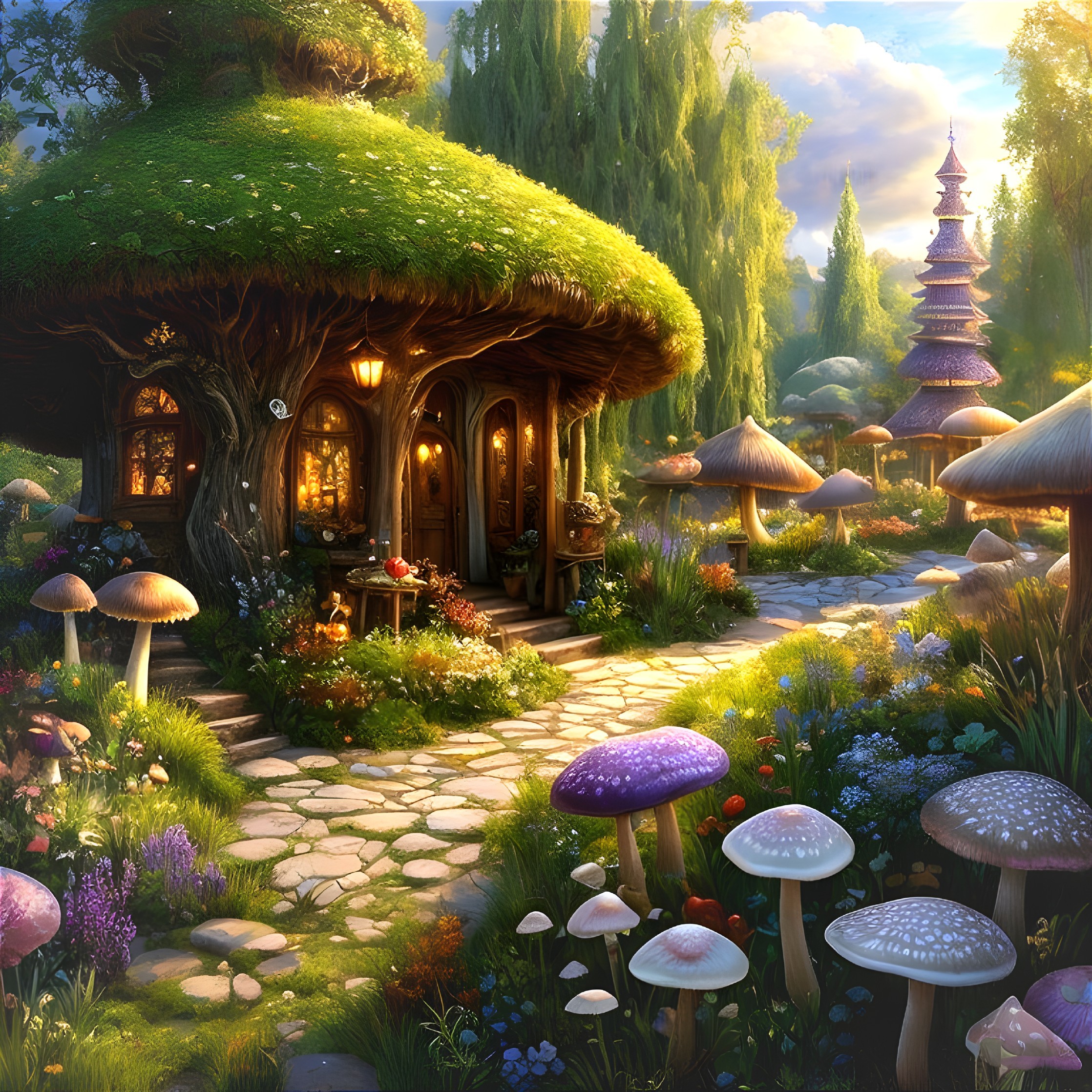 Whimsical Cottage Surrounded by Vibrant Garden Elements