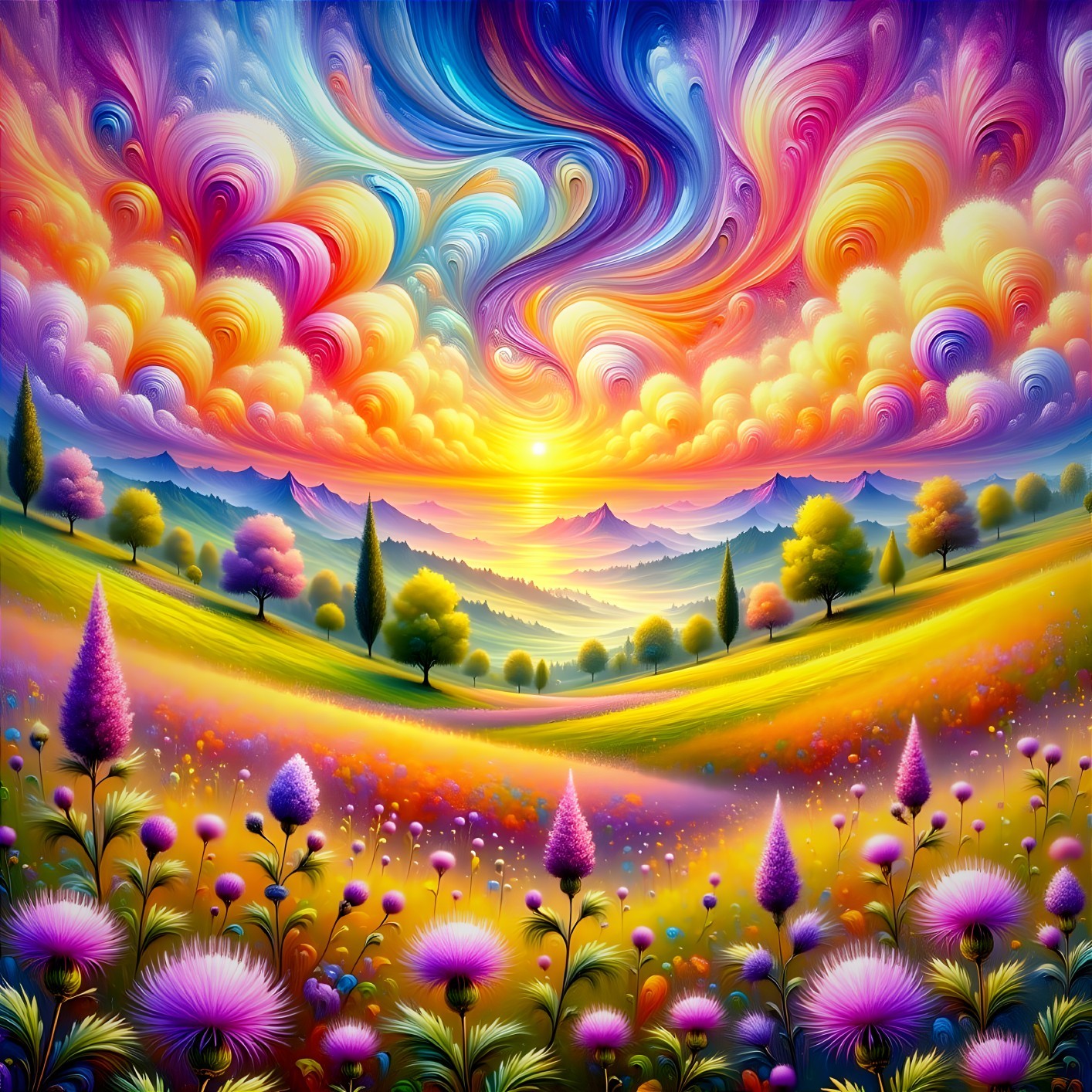 Vibrant Sunrise Landscape with Colorful Sky and Hills