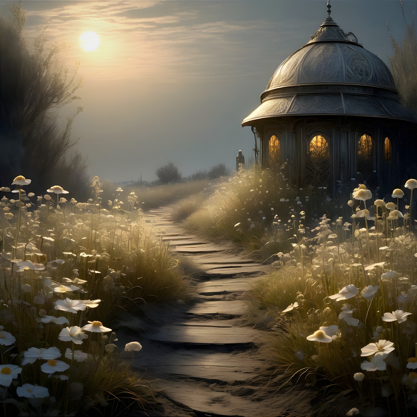 Pathway Through Wildflowers and Gazebo at Sunset