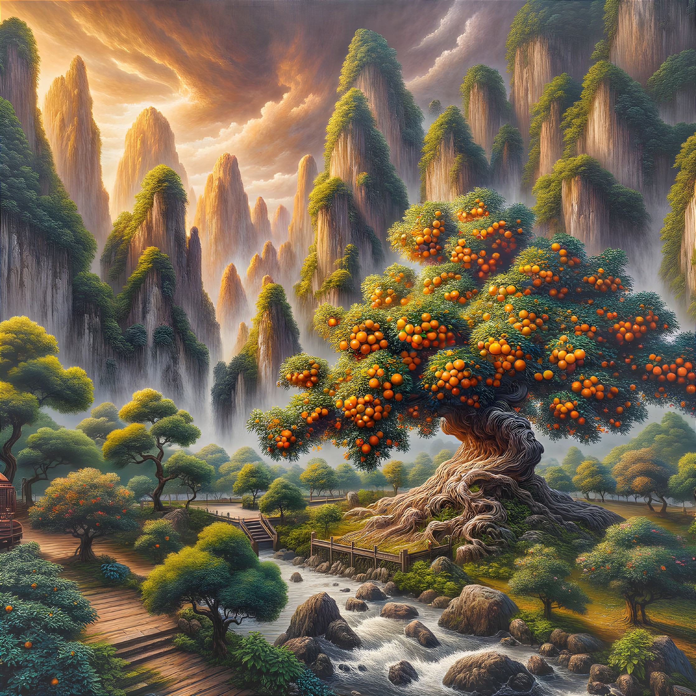 Idyllic Landscape with Fruit Tree and Misty Mountains
