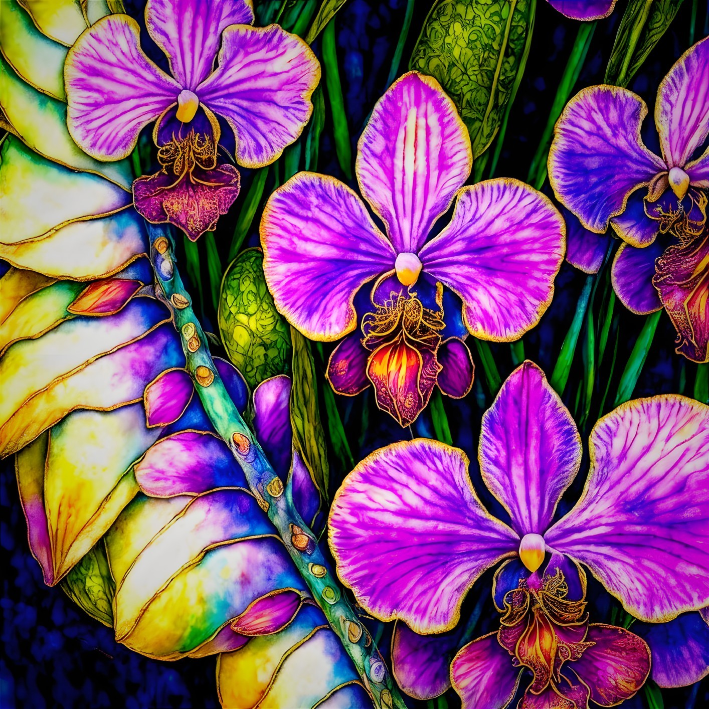 Vibrant Illustration of Purple Orchids on Dark Background