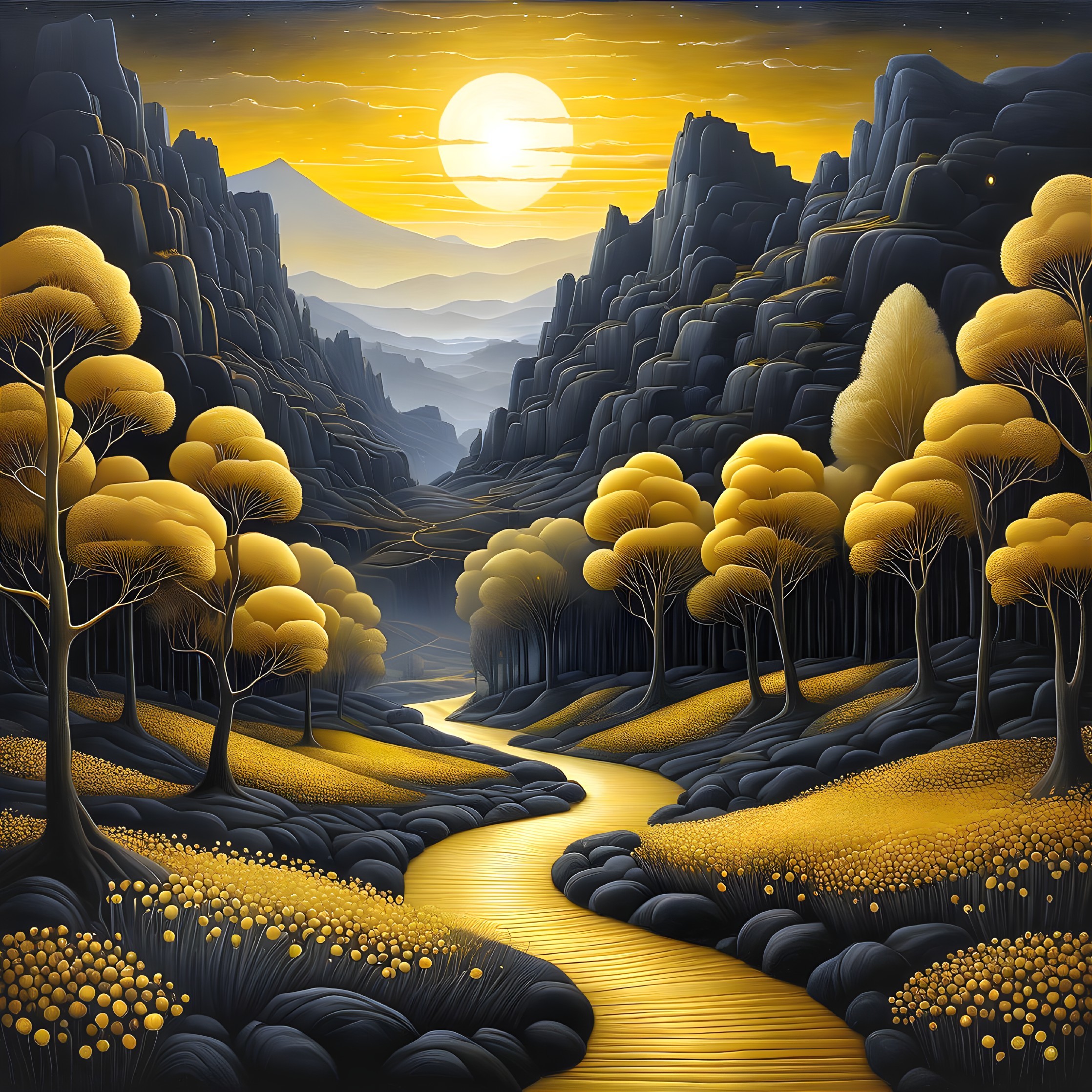 Majestic Mountains and River in Gold and Yellow Landscape