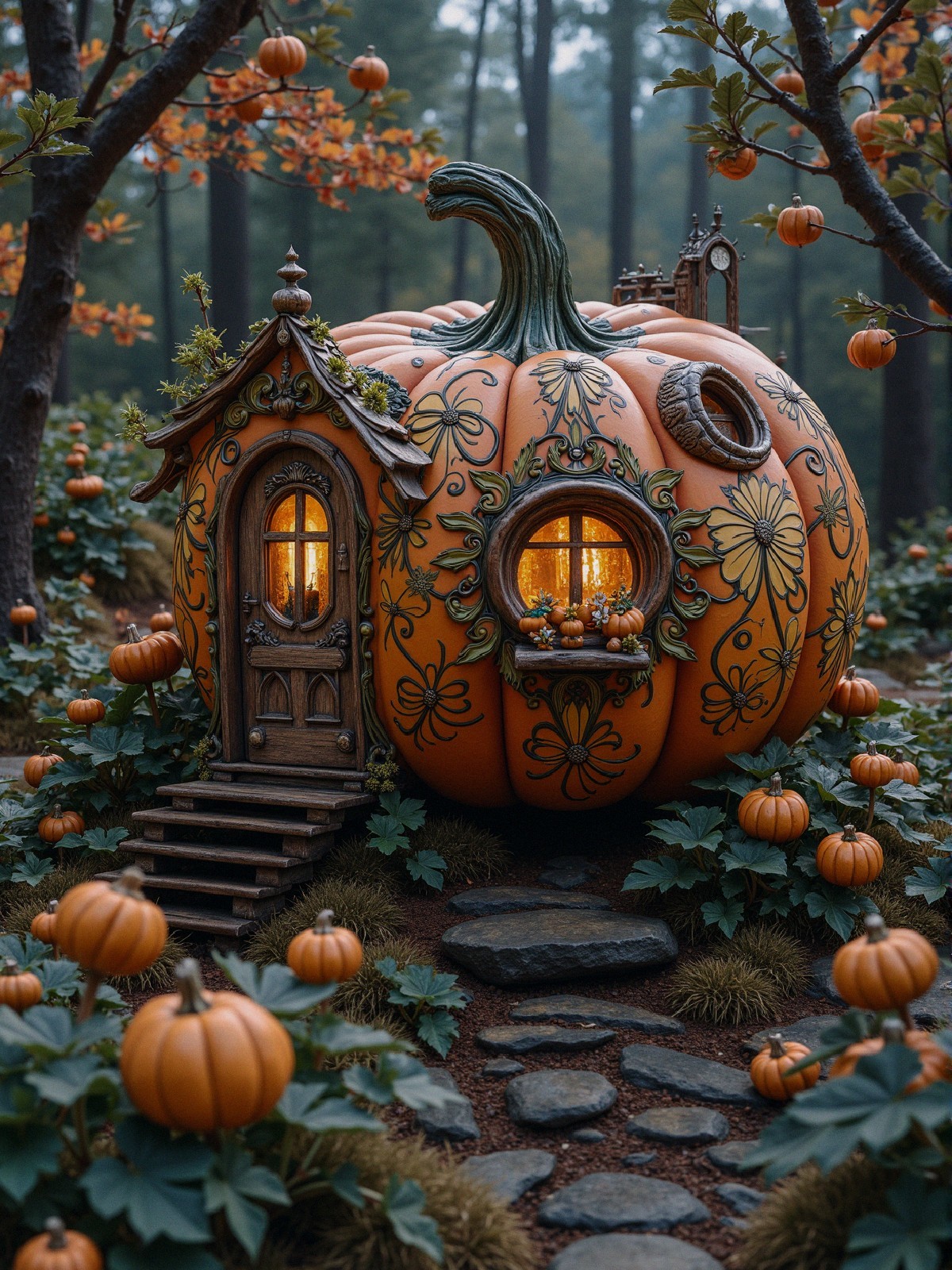Whimsical Pumpkin-Shaped House in Serene Forest Setting