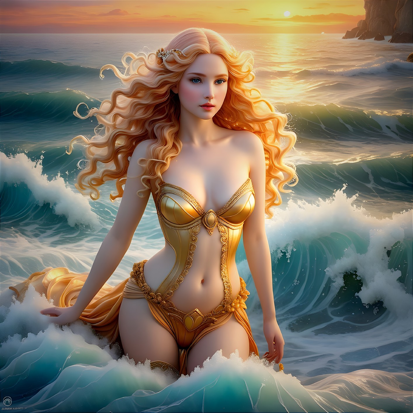 Ethereal Figure in Ocean Waves at Sunset