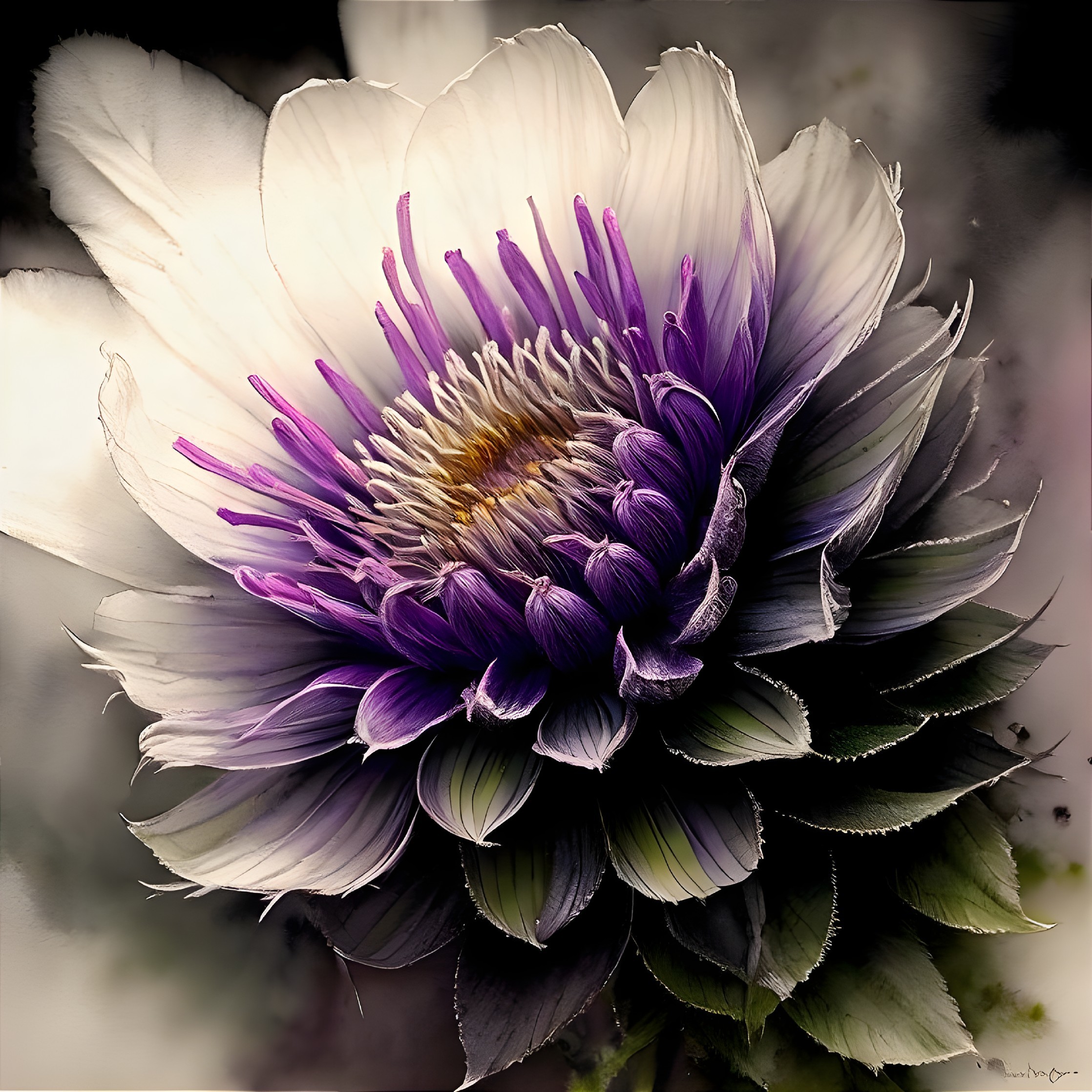 Delicate White Flower with Purple Center and Green Leaves