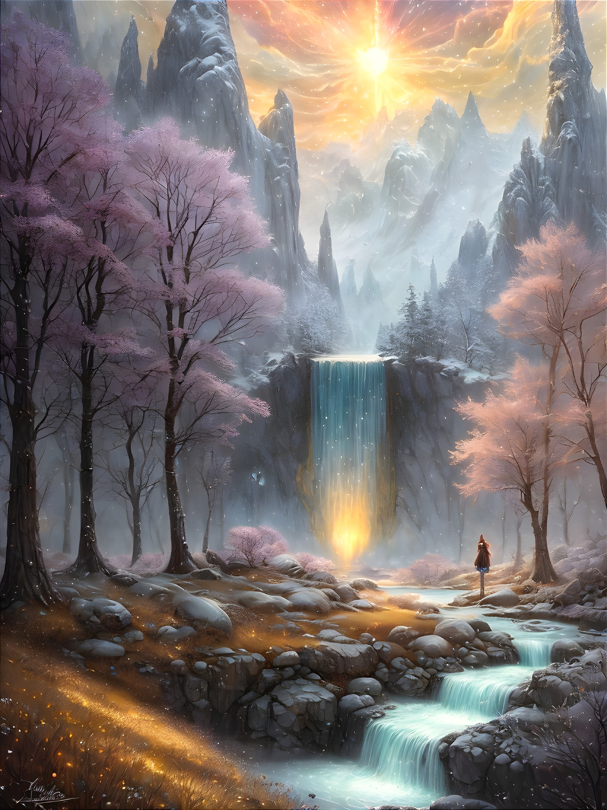 Fantastical Landscape with Waterfall and Ethereal Light