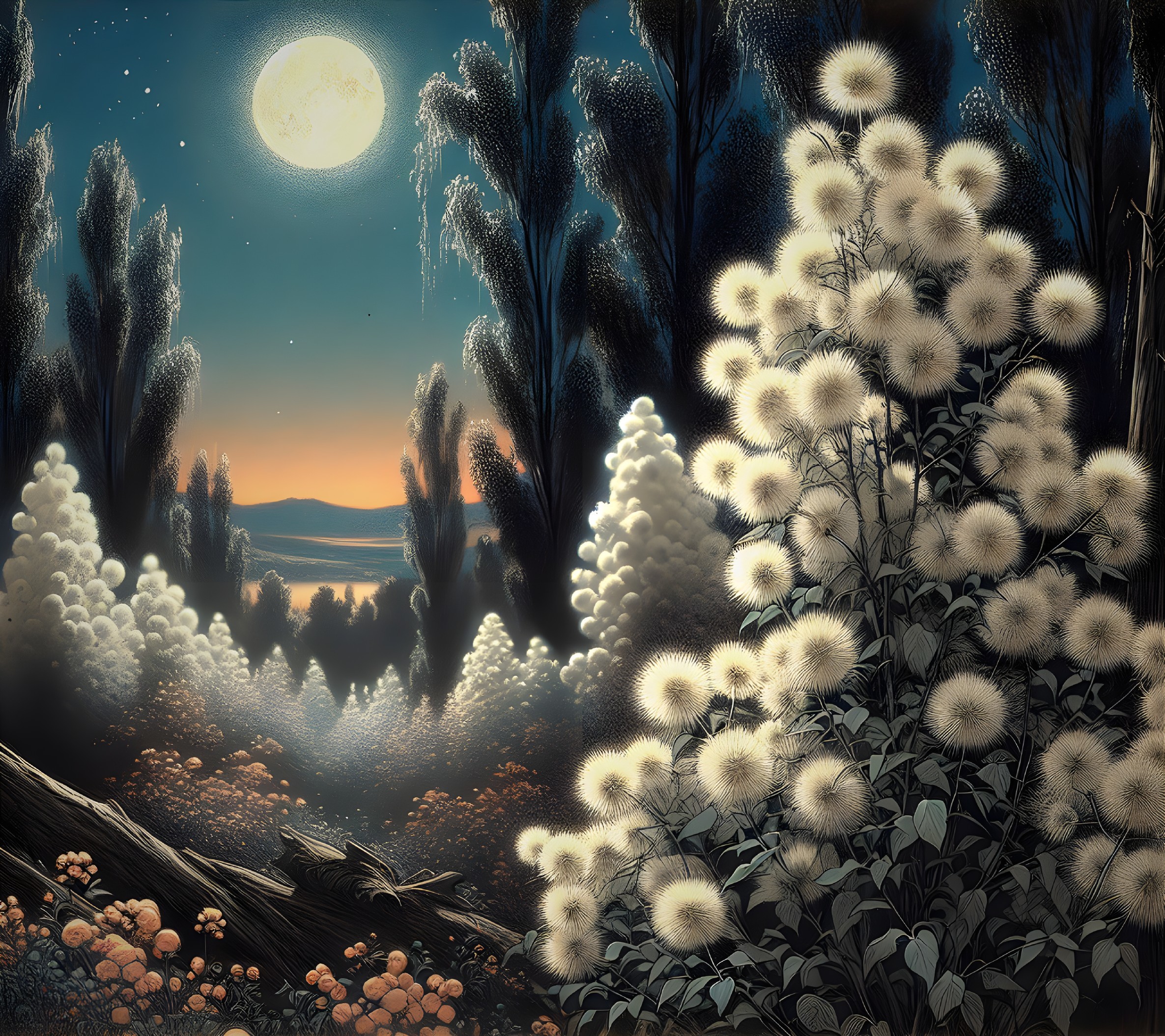 Serene Moonlit Landscape with Lush Blooms and Water