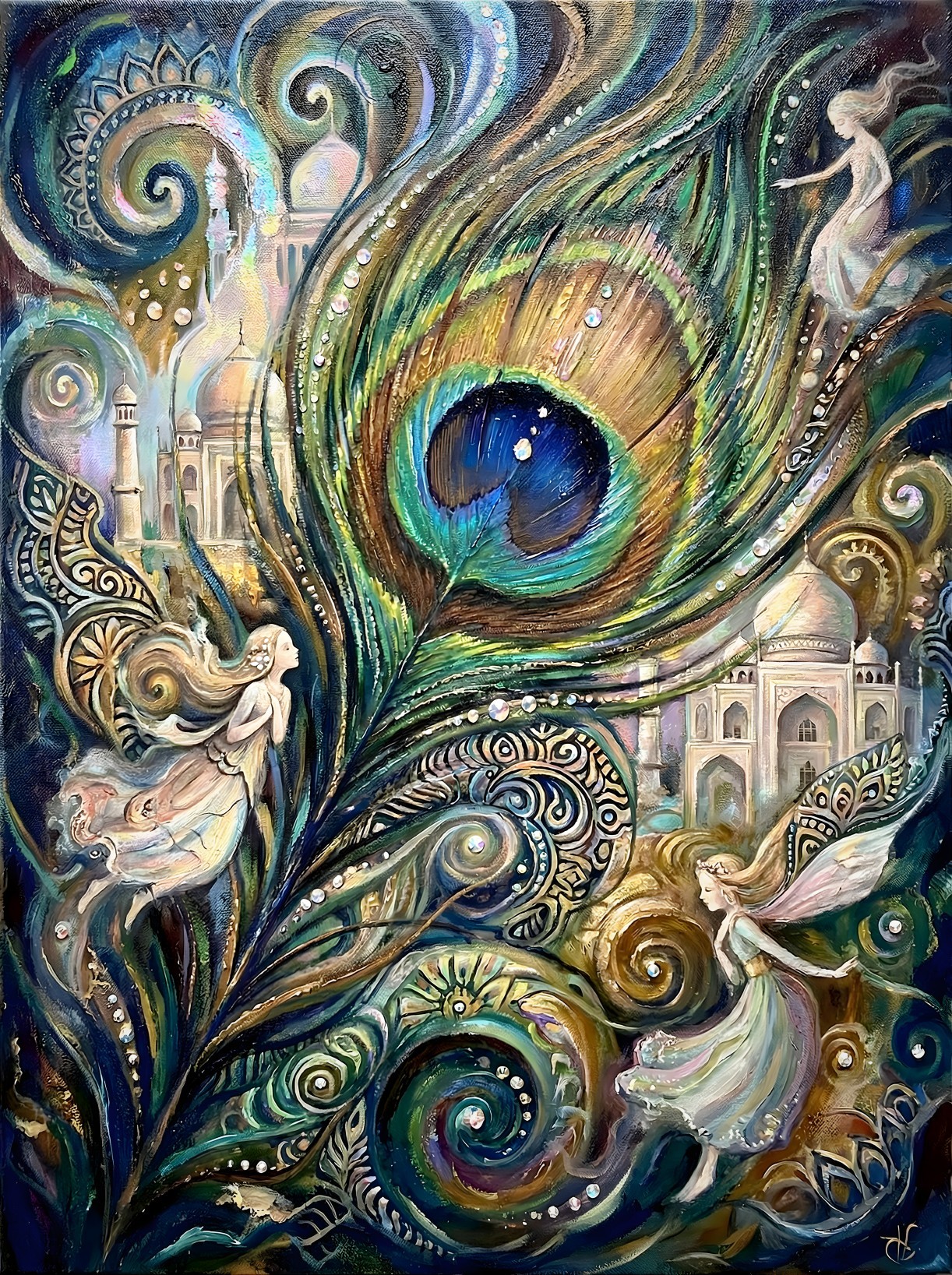 Oil Painting of a Peacock Feather with Dancing Fairies
