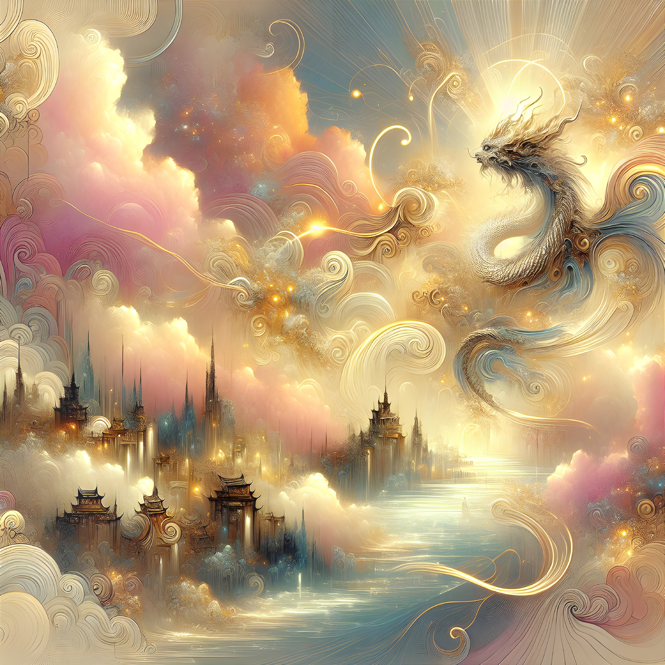 Mythical dragon in pastel clouds over ethereal city