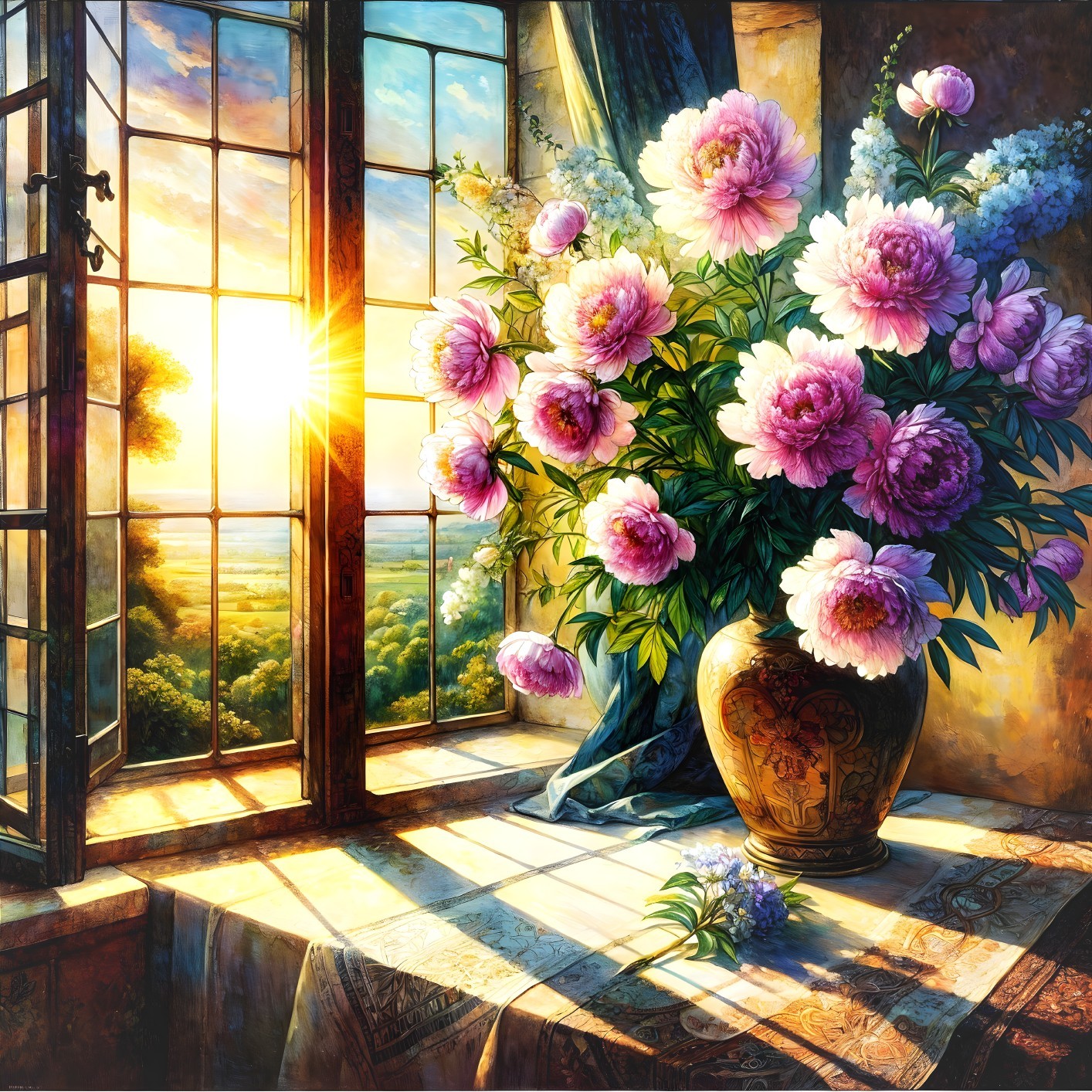 Pink Peonies in Decorative Vase on Sunlit Windowsill