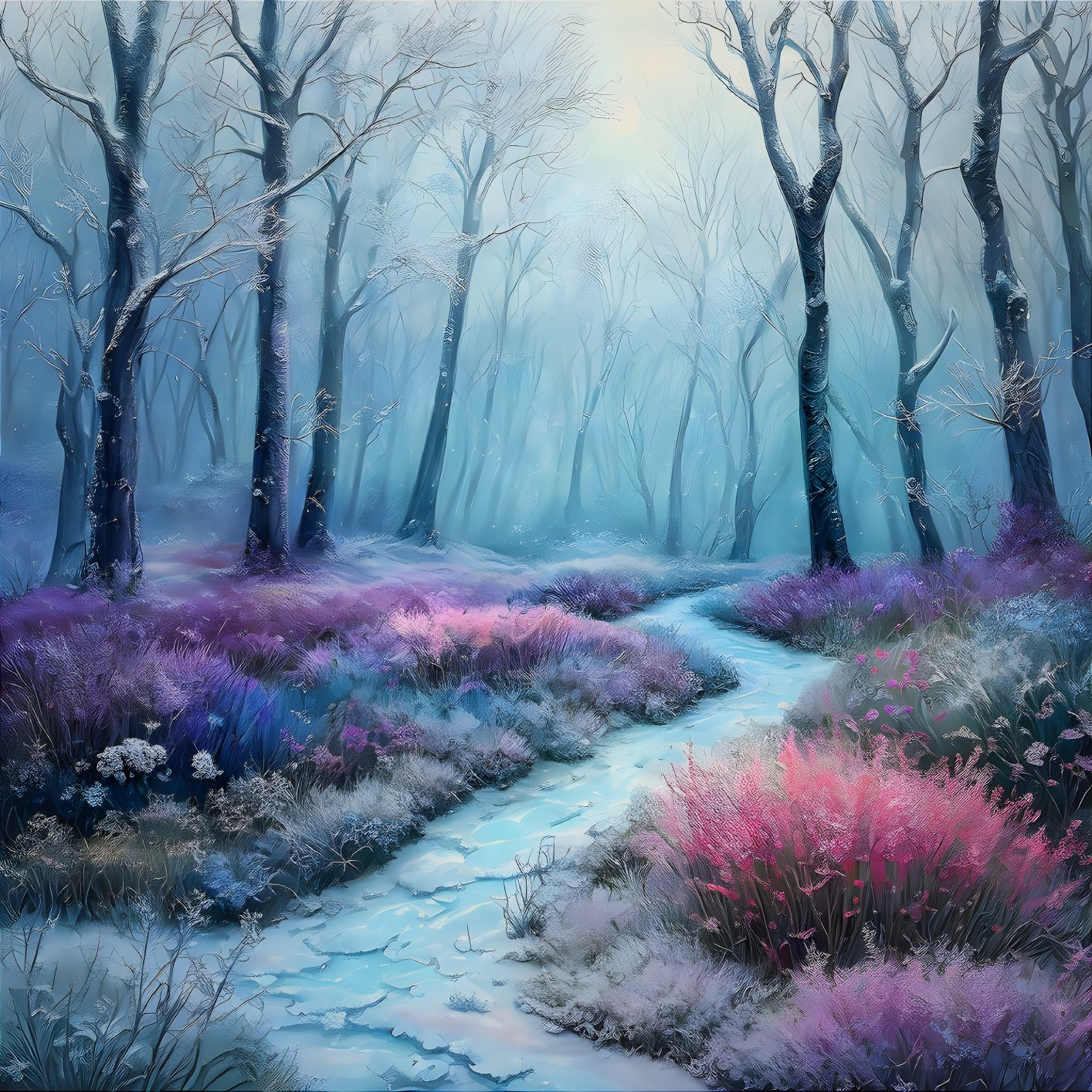 Ethereal Winter Landscape with Misty River and Trees