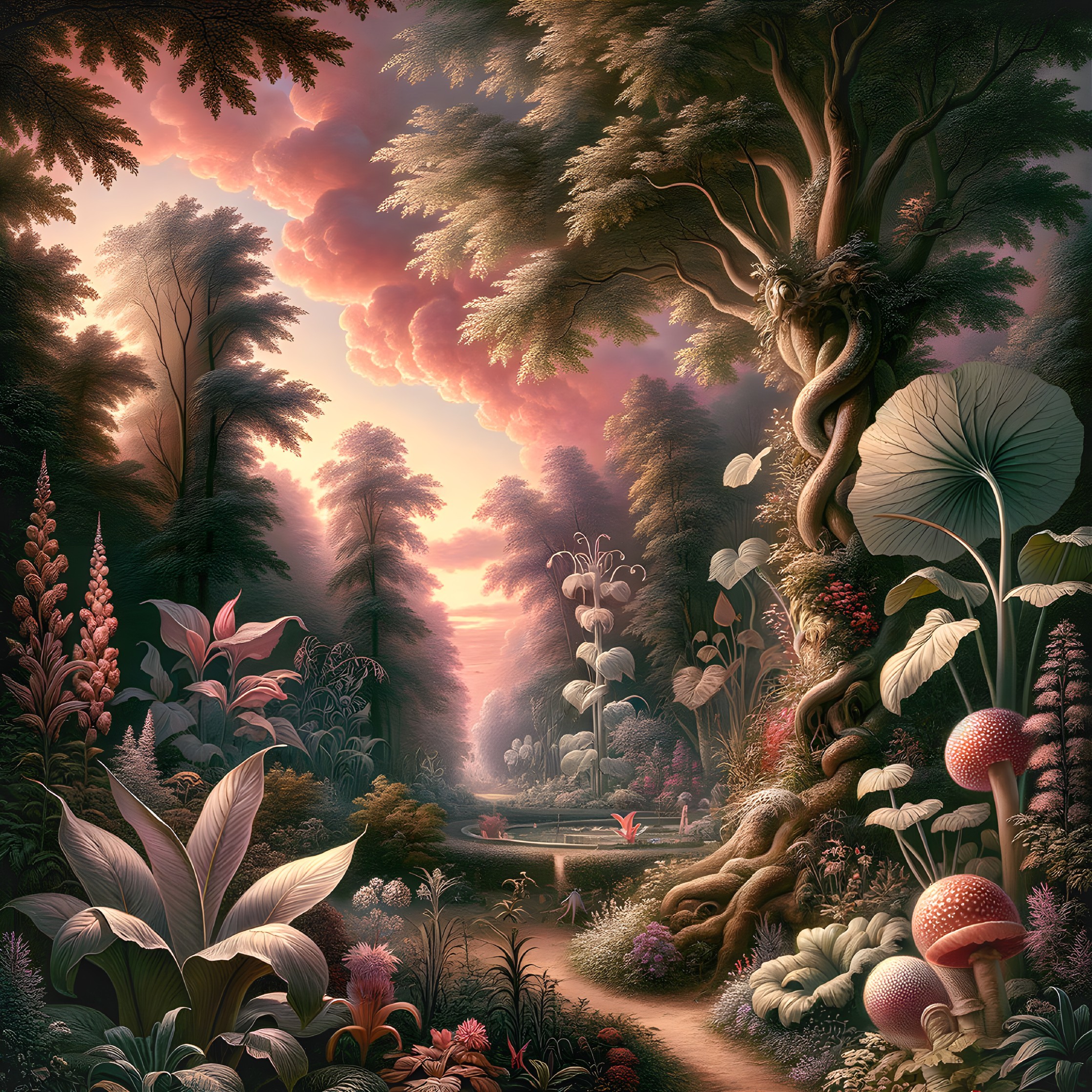 Vibrant Dusk Forest Scene with Whimsical Elements