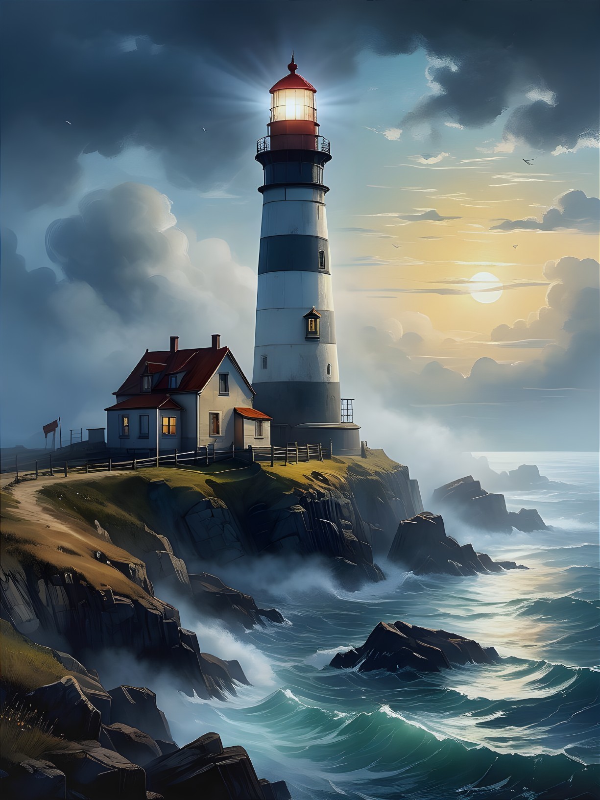 Lighthouse on Cliffs with Stormy Skies and Sunset