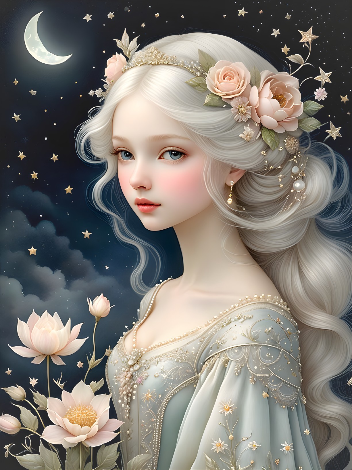 Serene Young Woman with Silver Hair and Roses