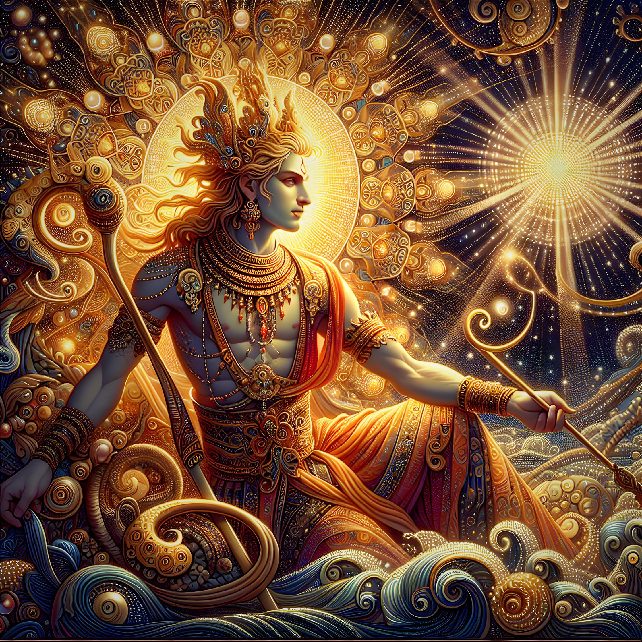 Majestic figure in golden armor with bow and light backdrop