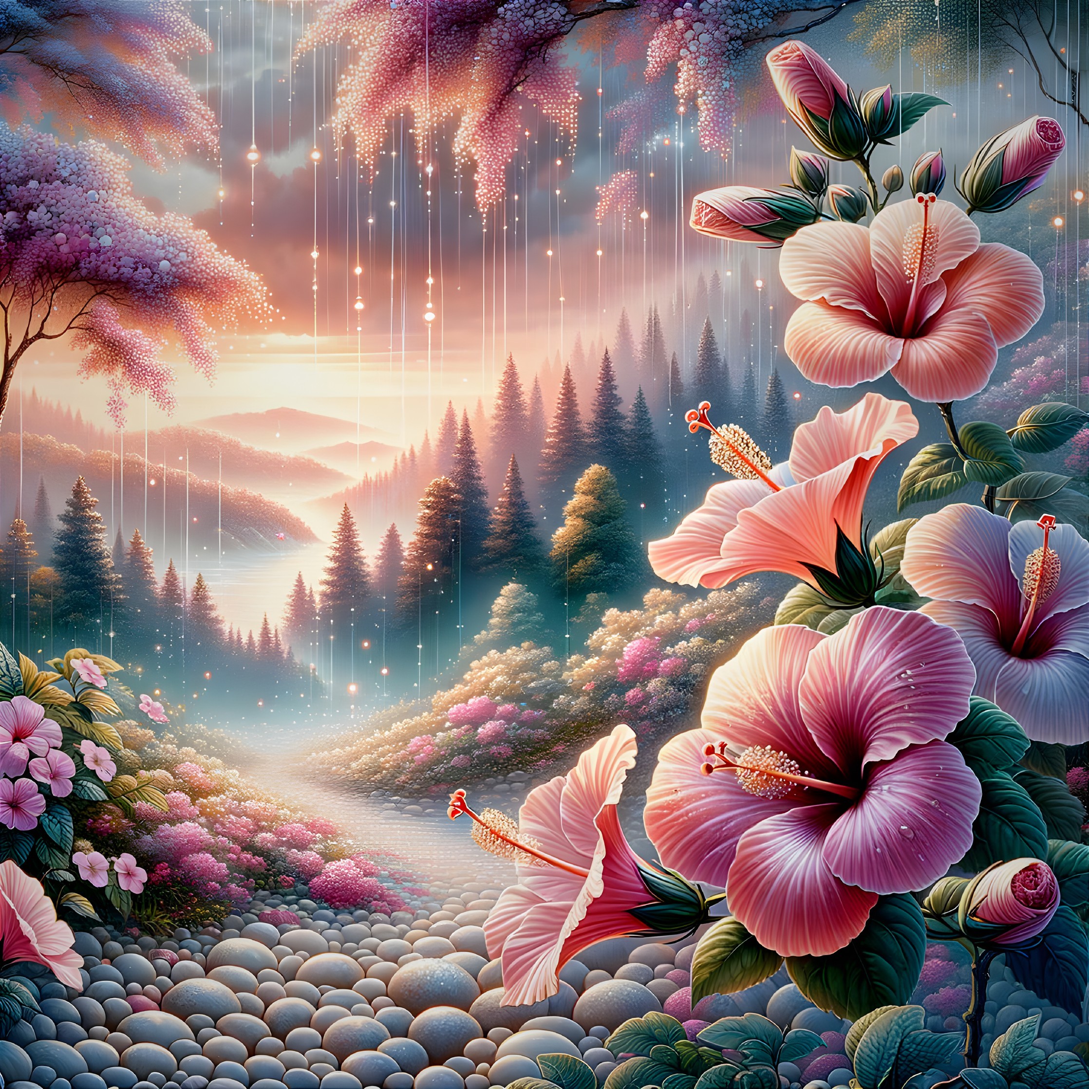 Vibrant Landscape with Hibiscus Flowers and River