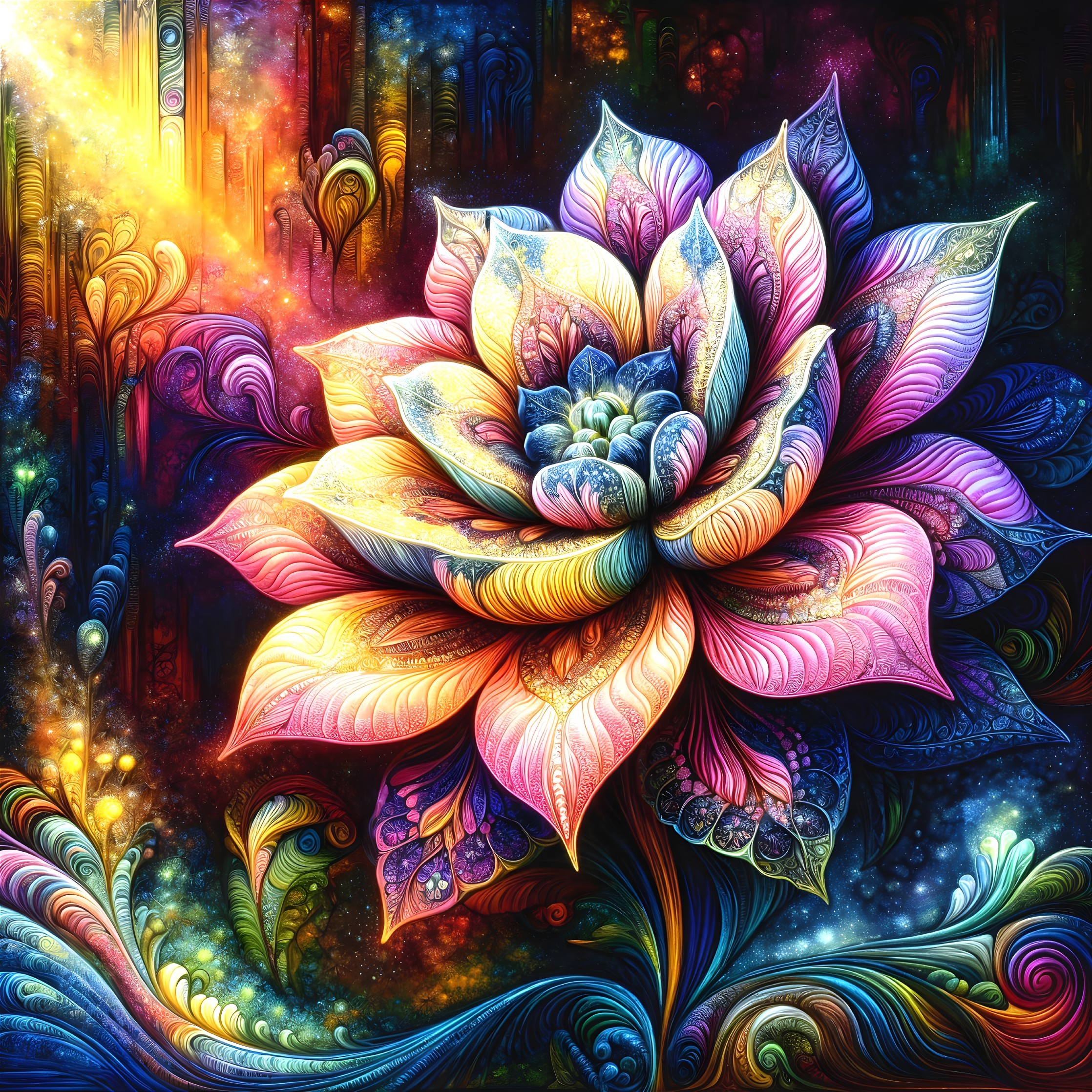 Vibrant Flower Design with Cosmic Background Colors