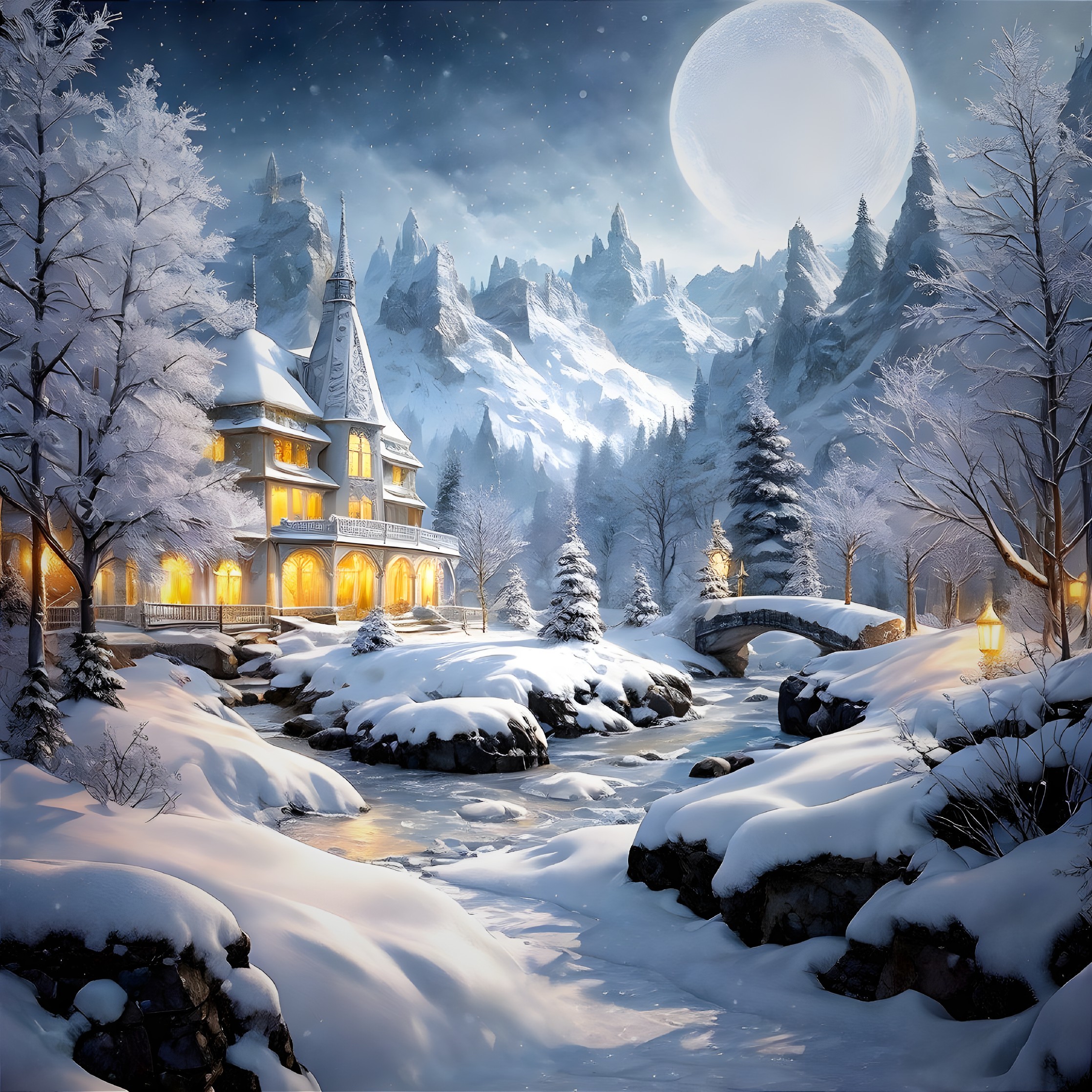 Serene Winter Landscape with Snow-Covered Cottage