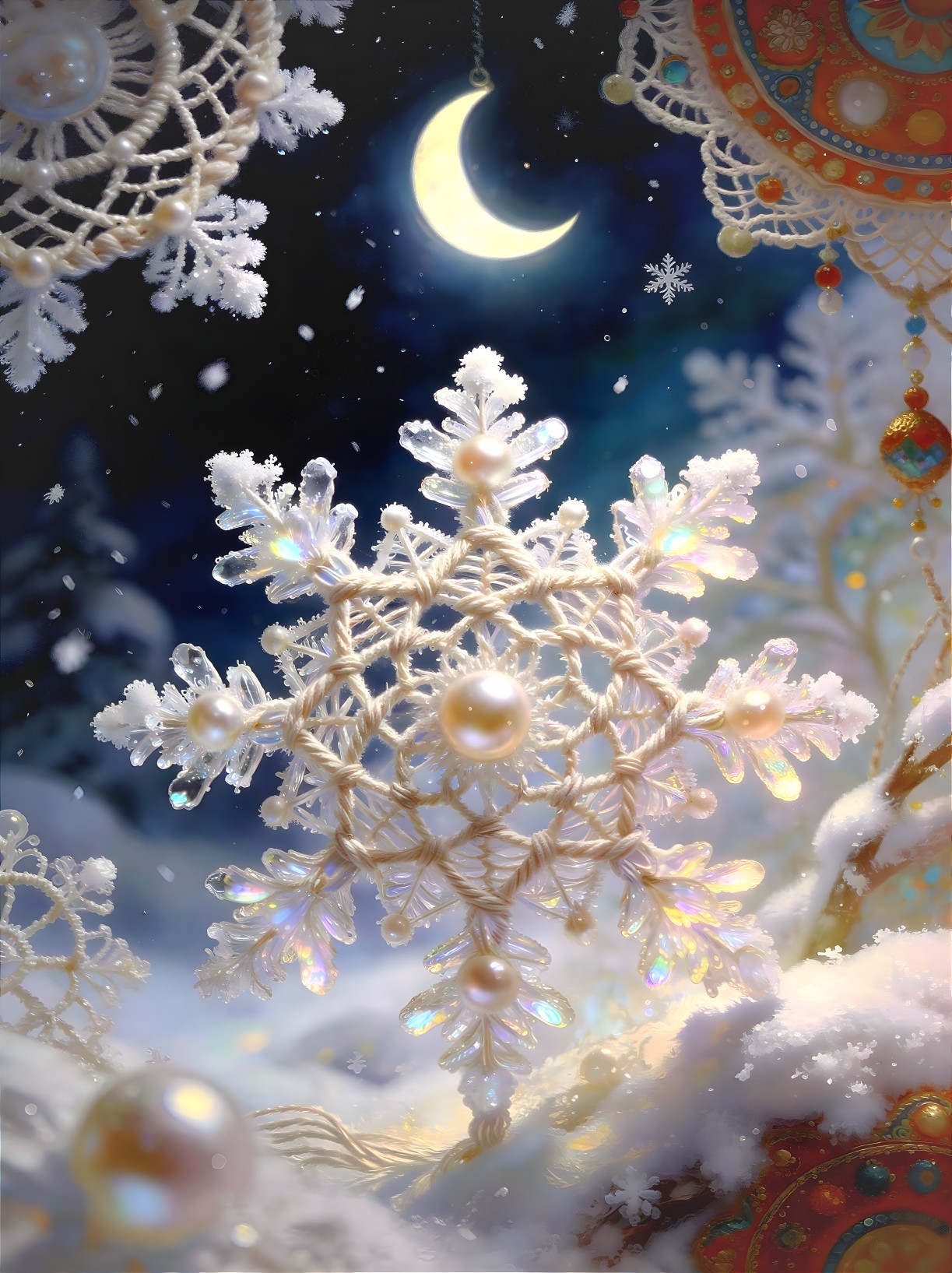 Ethereal Wonderland with Crocheted Snowflakes and Moon