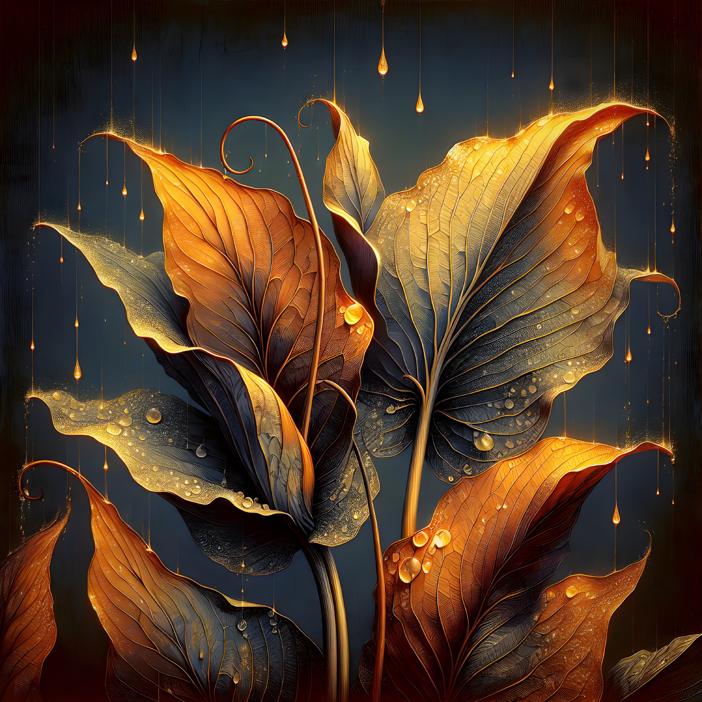 Lush Leaves in Warm Orange and Gold with Water Droplets