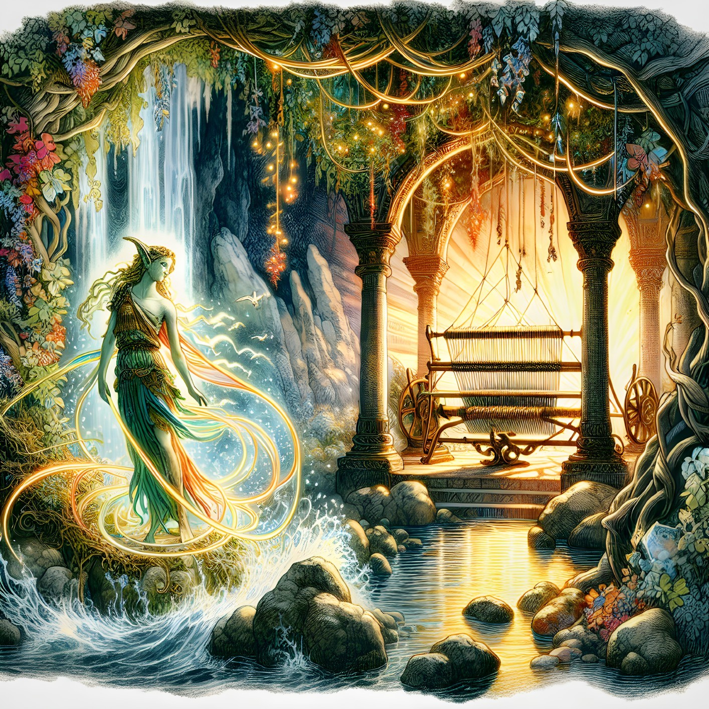 Mystical Scene with Waterfall and Enchanting Loom