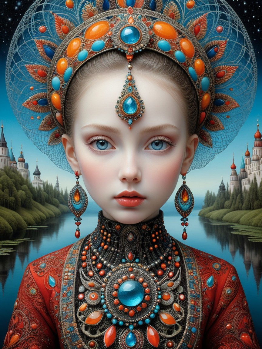 Regal Figure in Vibrant Clothing Against Serene Landscape