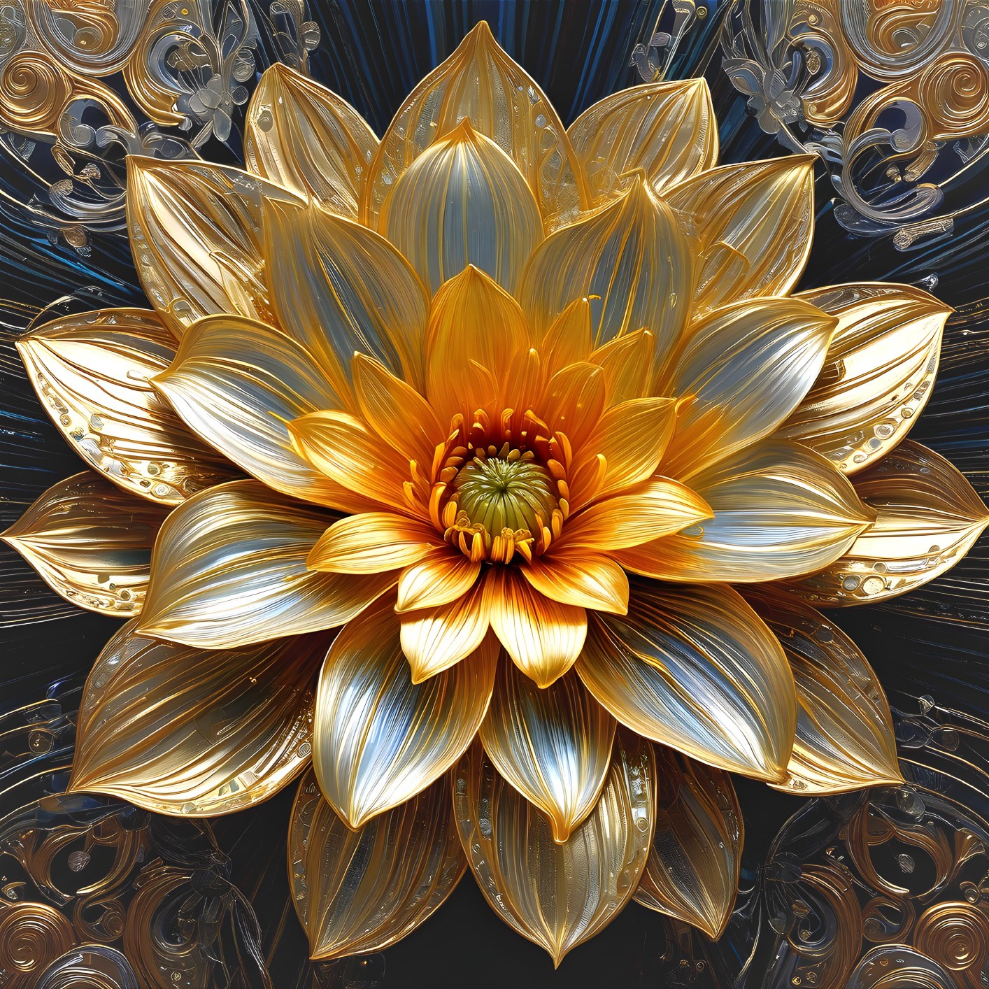 Golden Flower with Intricate Petals and Green Center