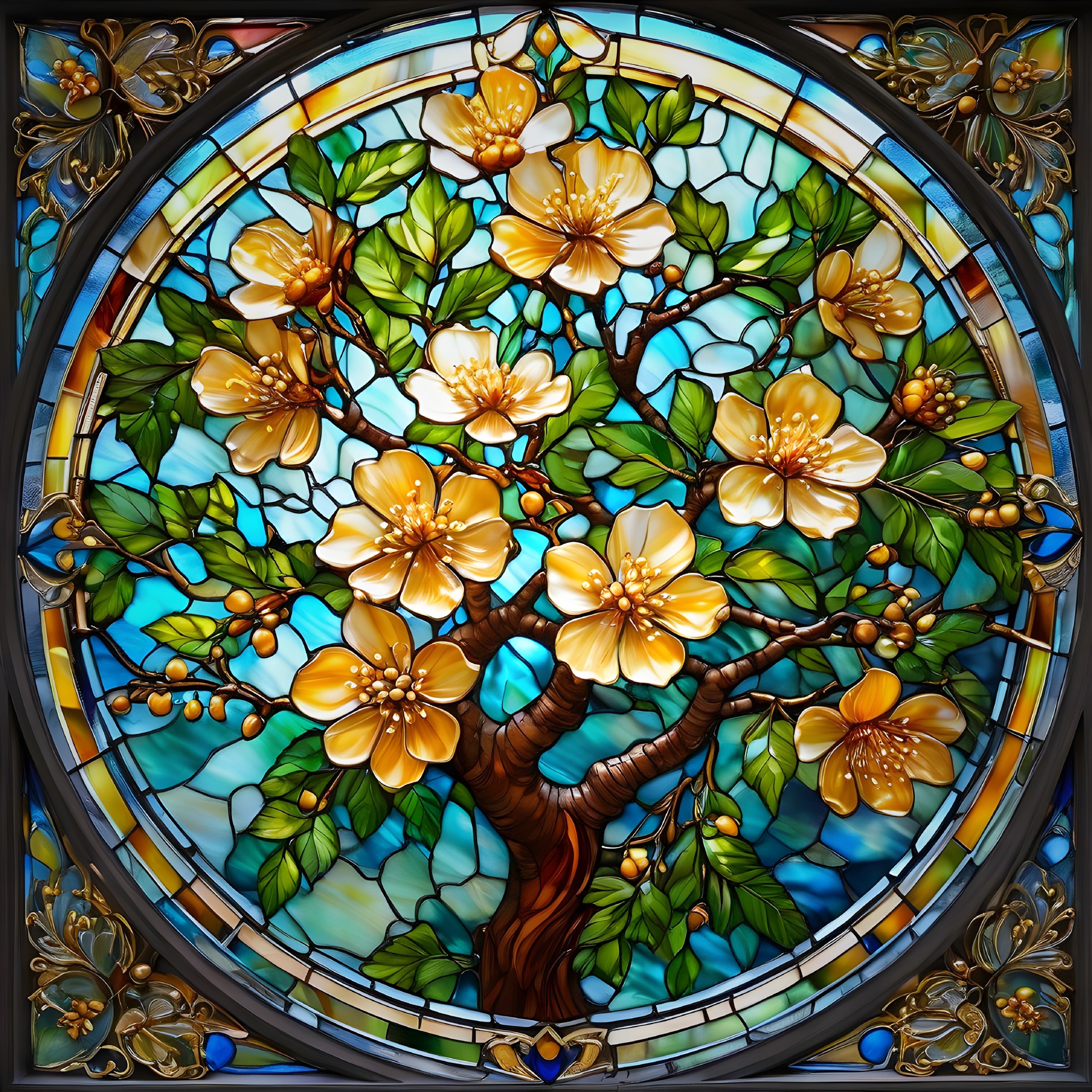 Vibrant Stained Glass Design of Blossoming Tree