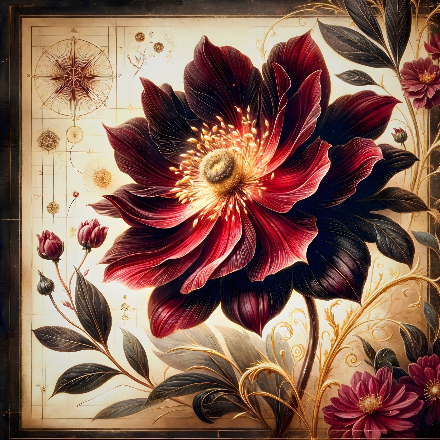 Large red and black flower with golden stamens