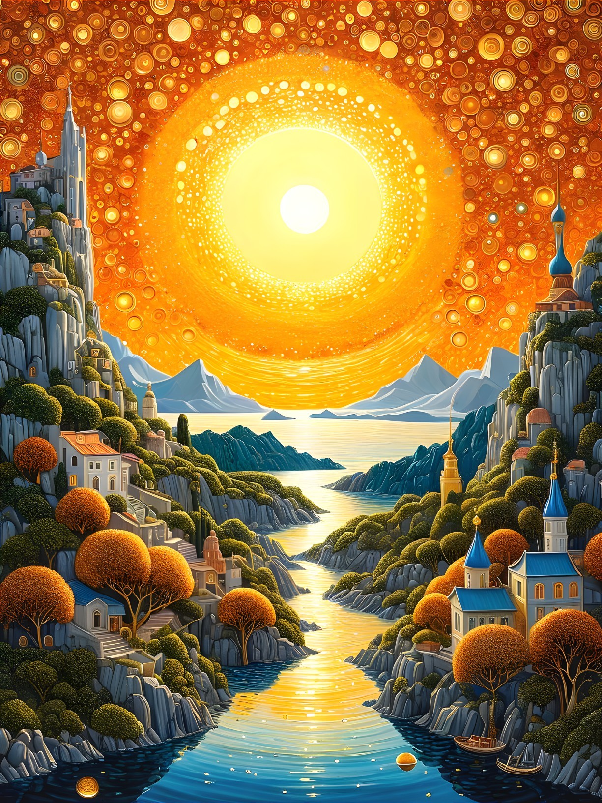 Magical Landscape with Vibrant Suns and Lush Trees