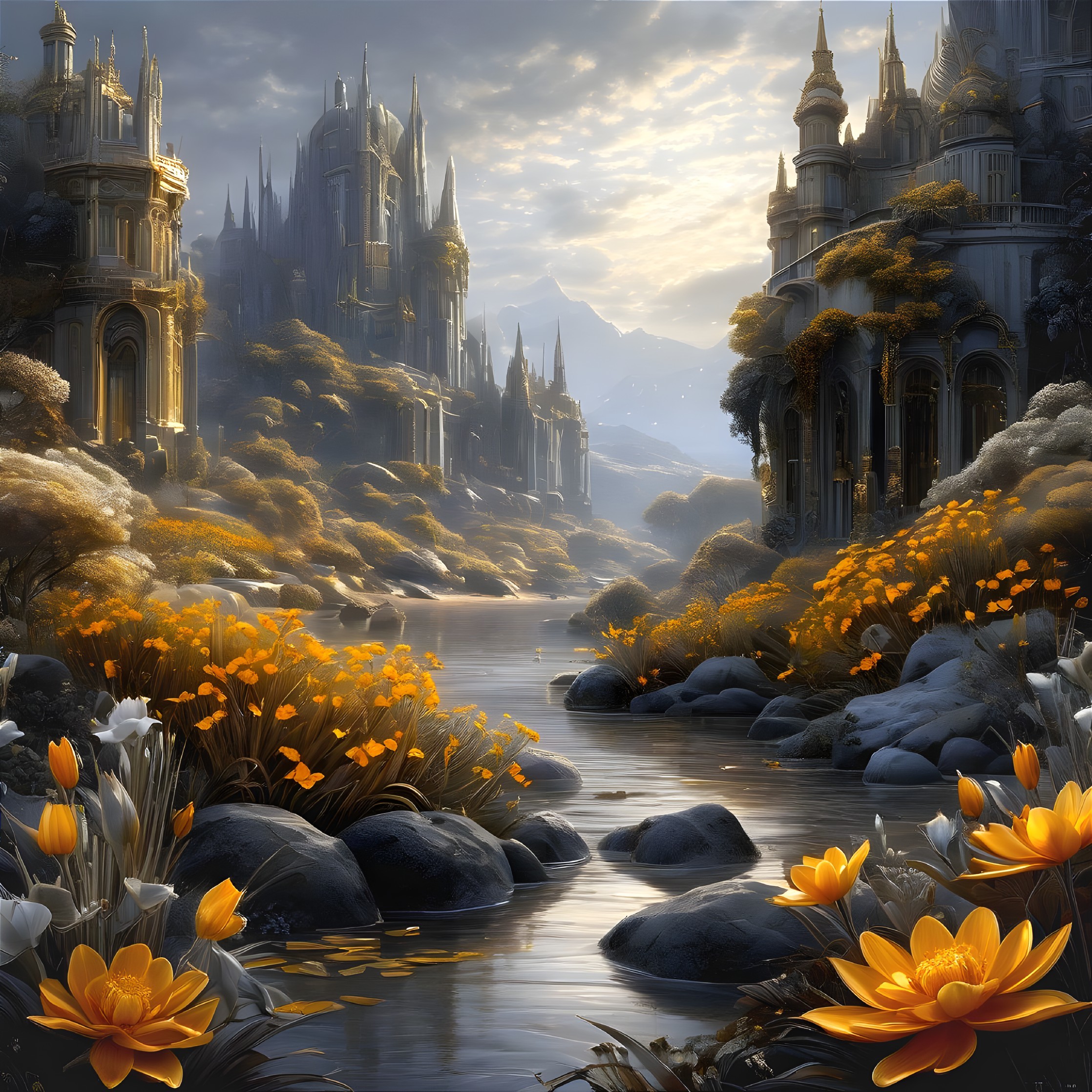 Enchanted Floral Realm: A Masterpiece in Gray-Gold