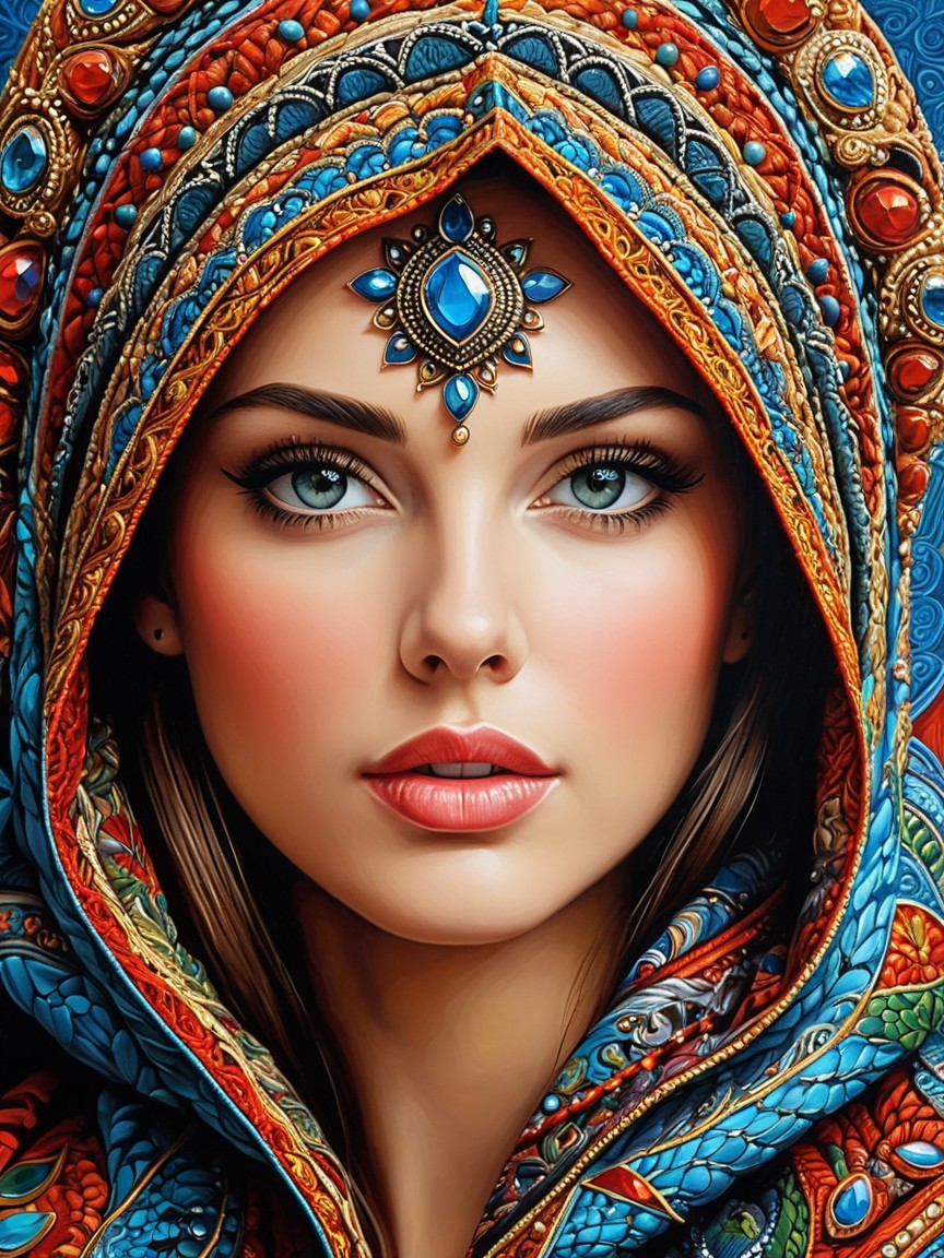 Portrait of a woman in a colorful, detailed hood
