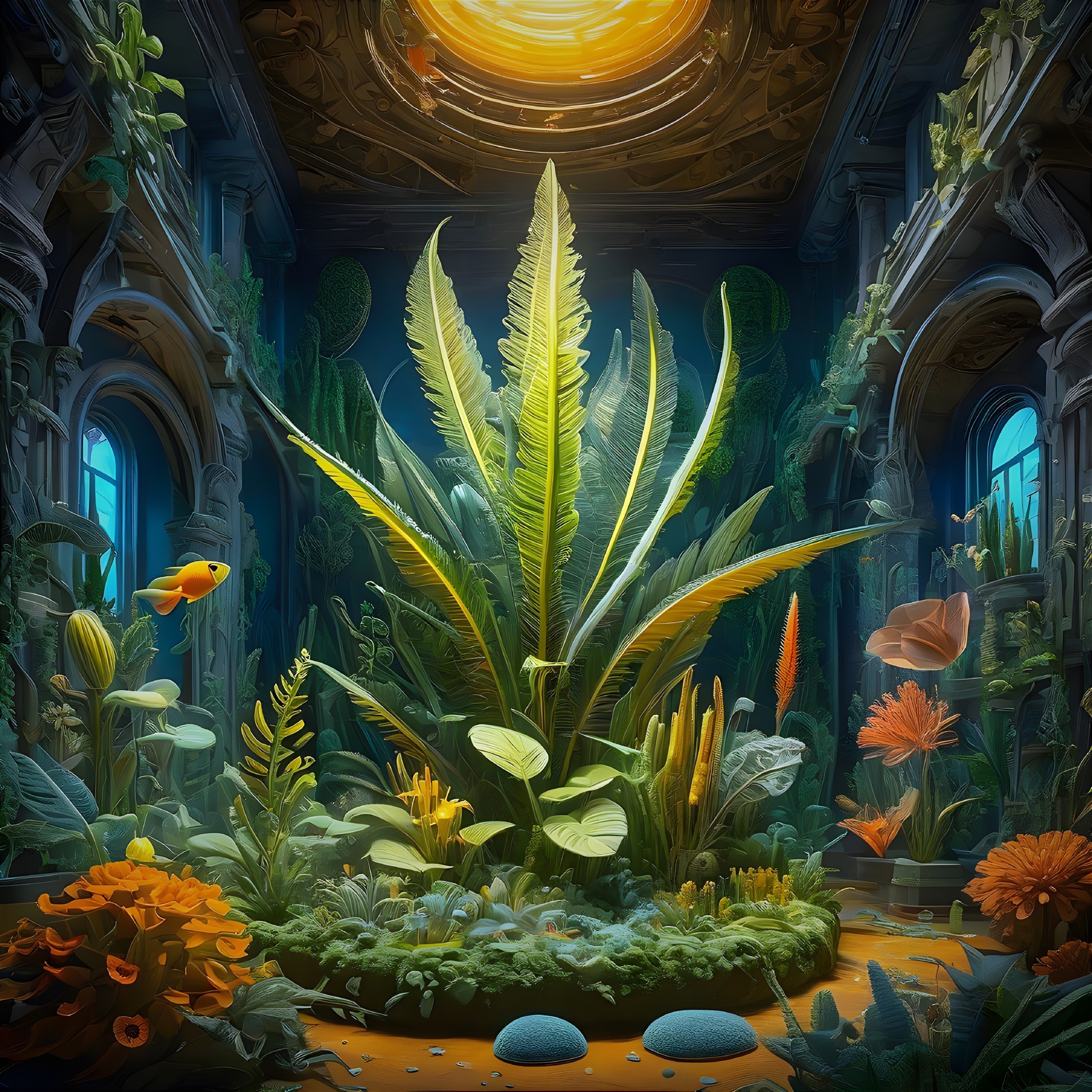Vibrant Indoor Garden with Lush Plants and Sunlight