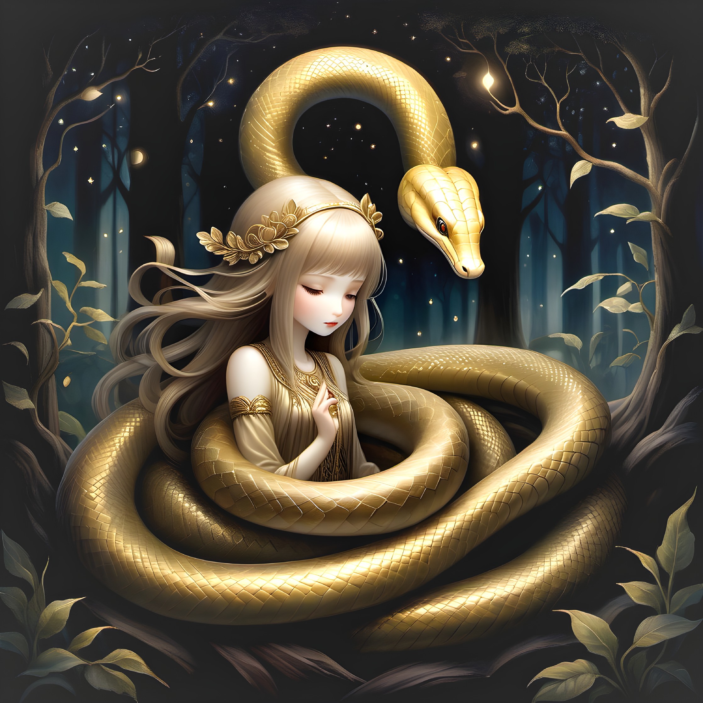 Young Woman in Golden Gown with Serpent in Forest