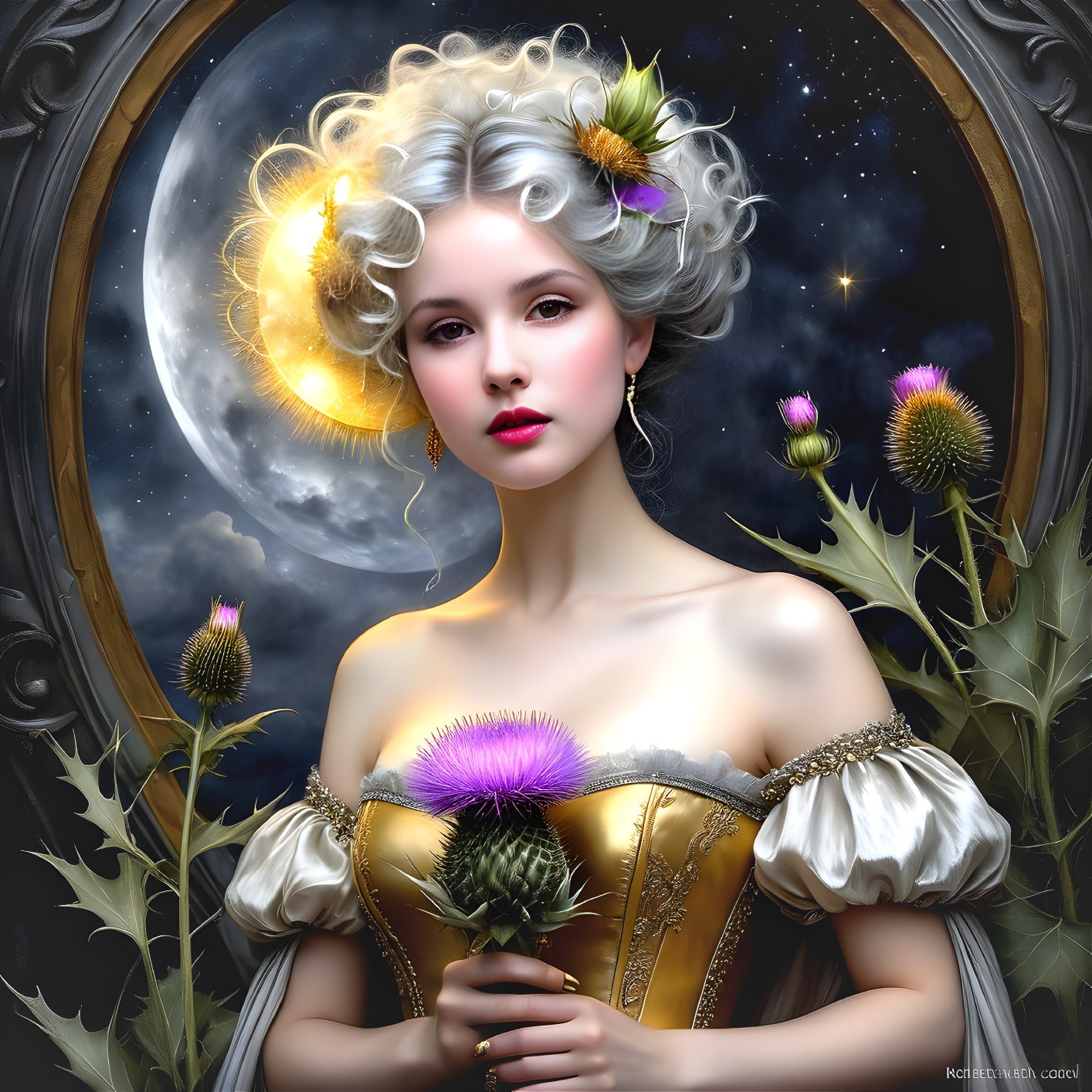 Young woman in golden dress with thistles and moon