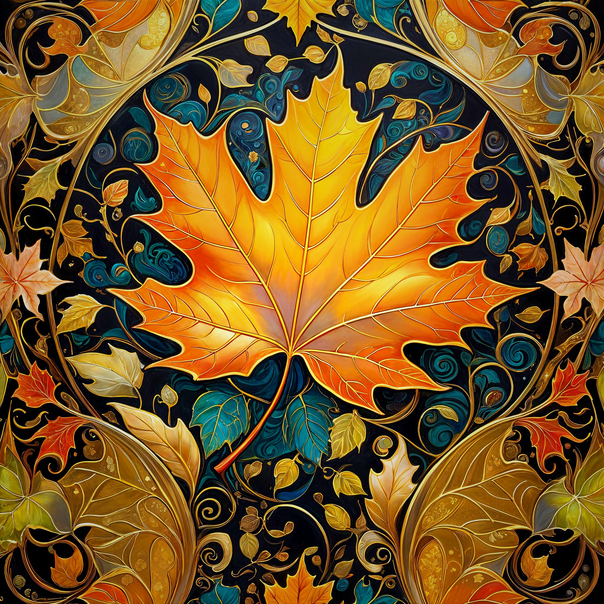 Vibrant Maple Leaf Illustration with Swirling Patterns