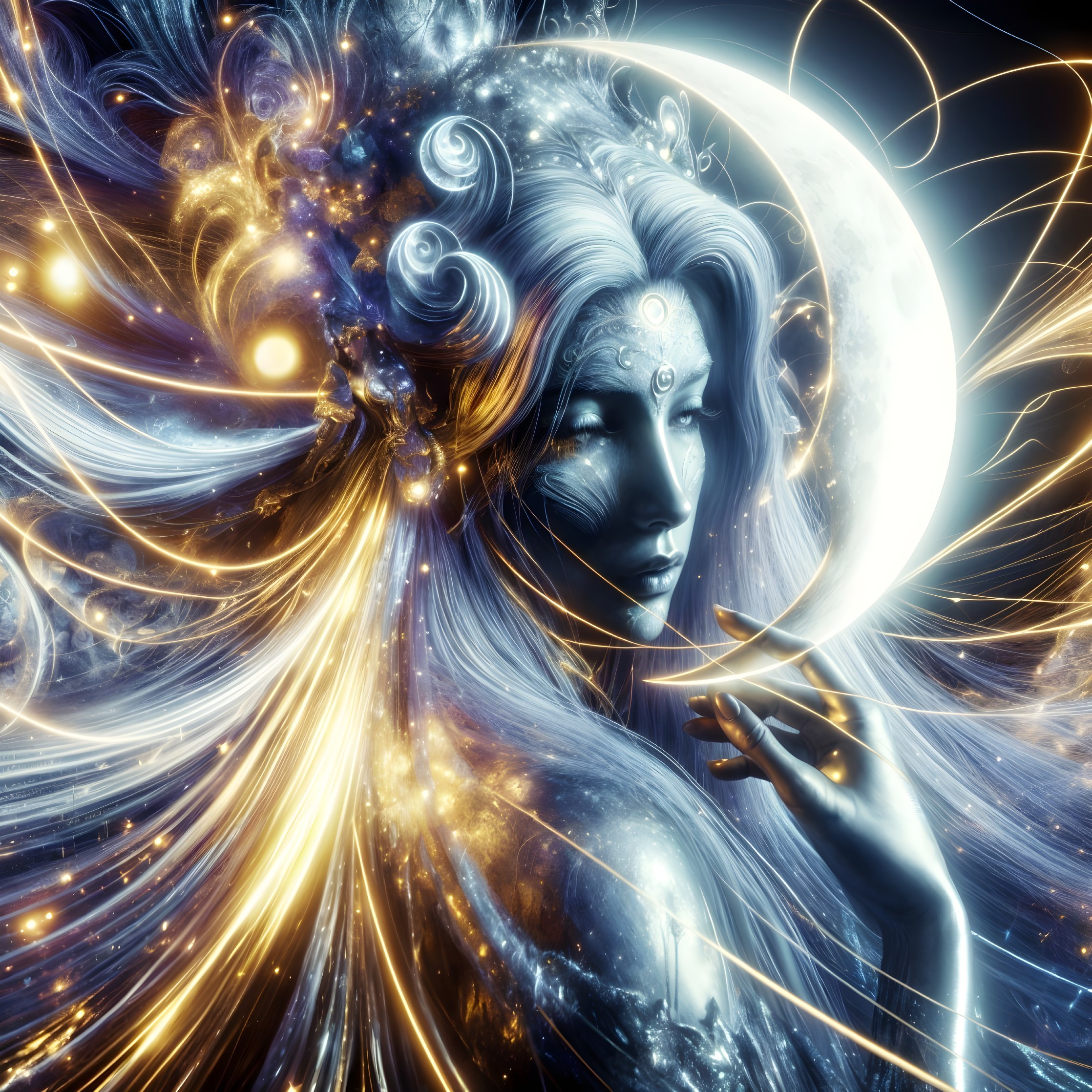 Mystical Figure Surrounded by Ethereal Light and Stars