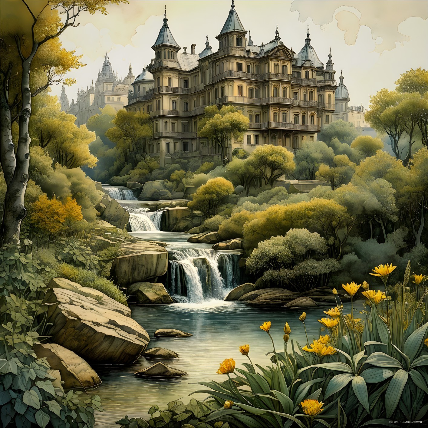 Whimsical Mansion Surrounded by Lush Landscapes