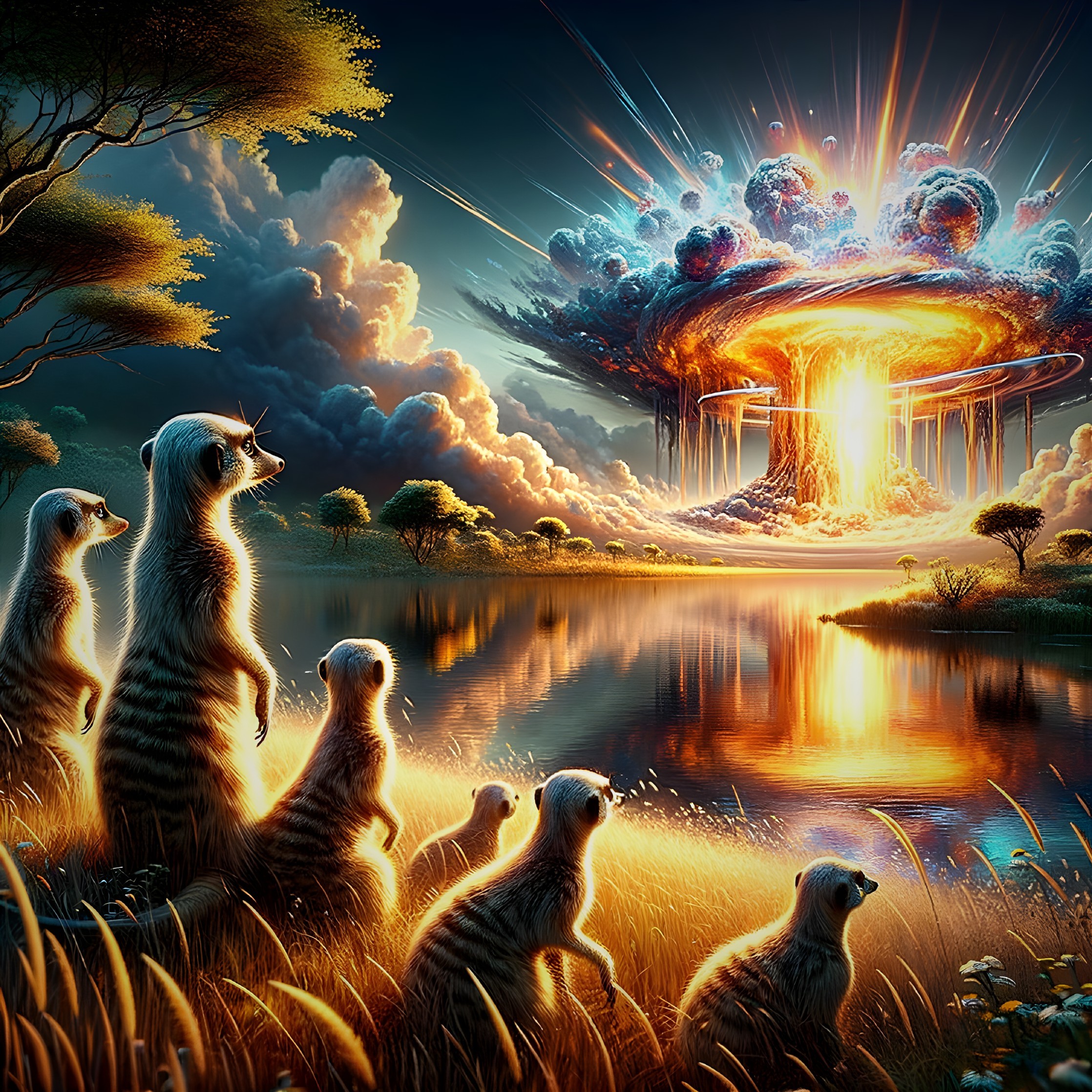Meerkats Observing Mushroom Cloud Over Serene Lake