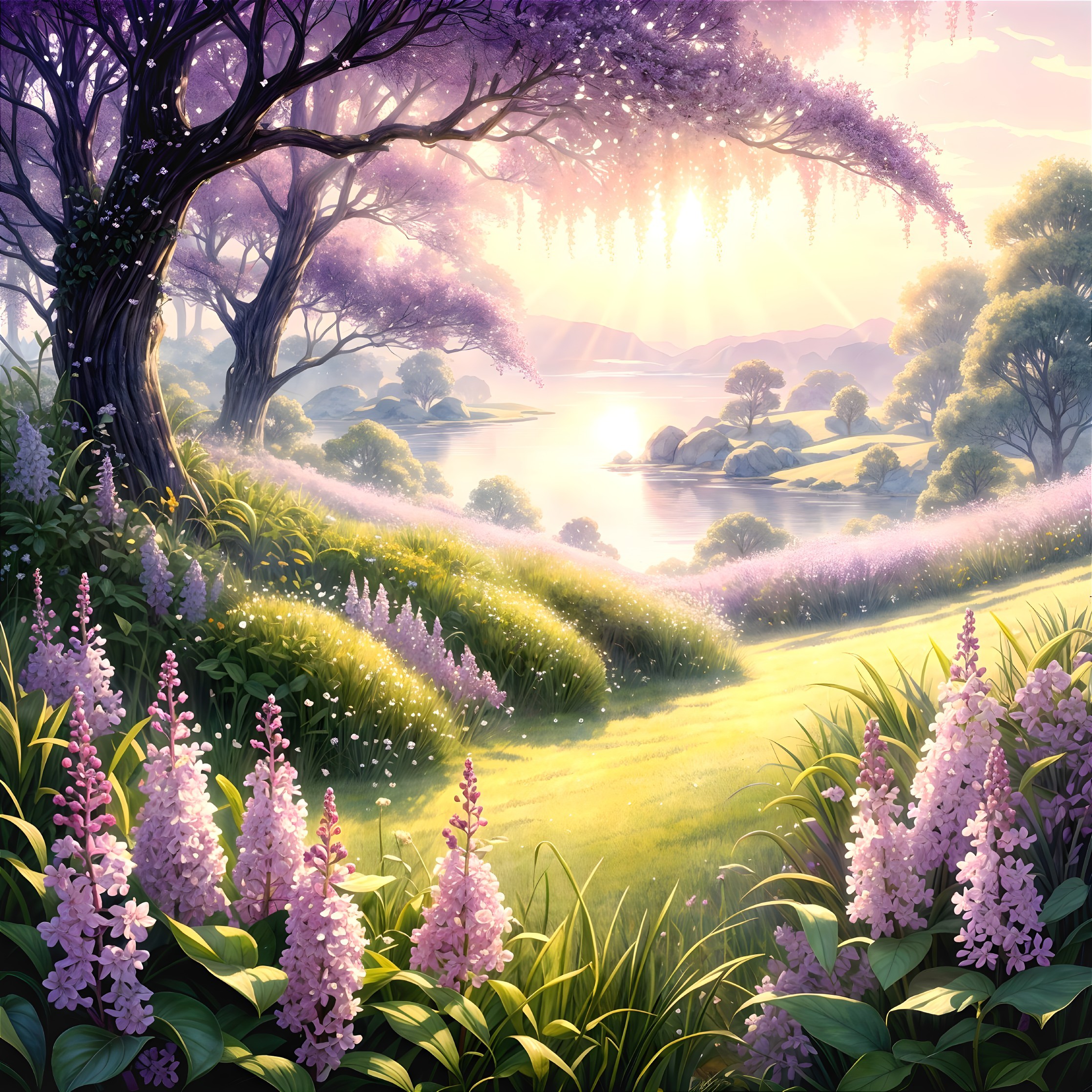 Lush Green Landscape with Blooming Flowers and Lake