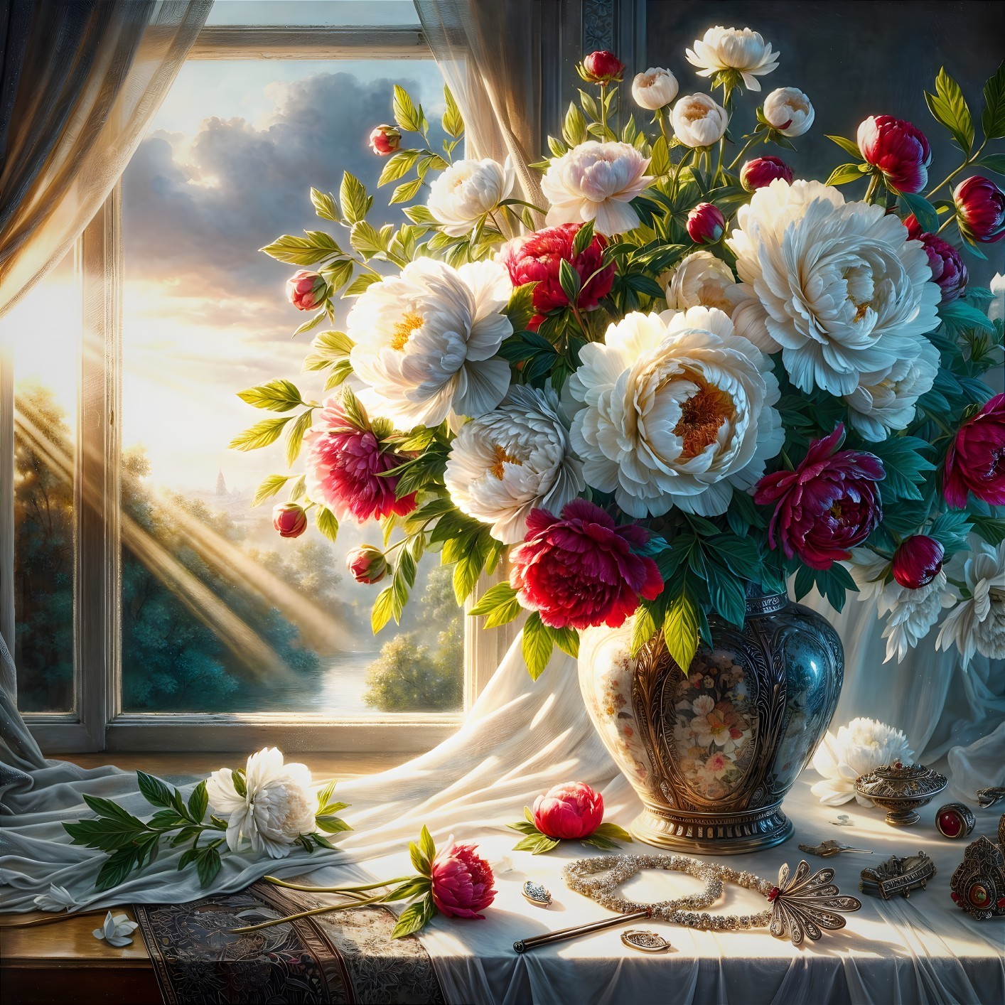 Lavish Bouquet of Peonies in Vintage Vase Setting