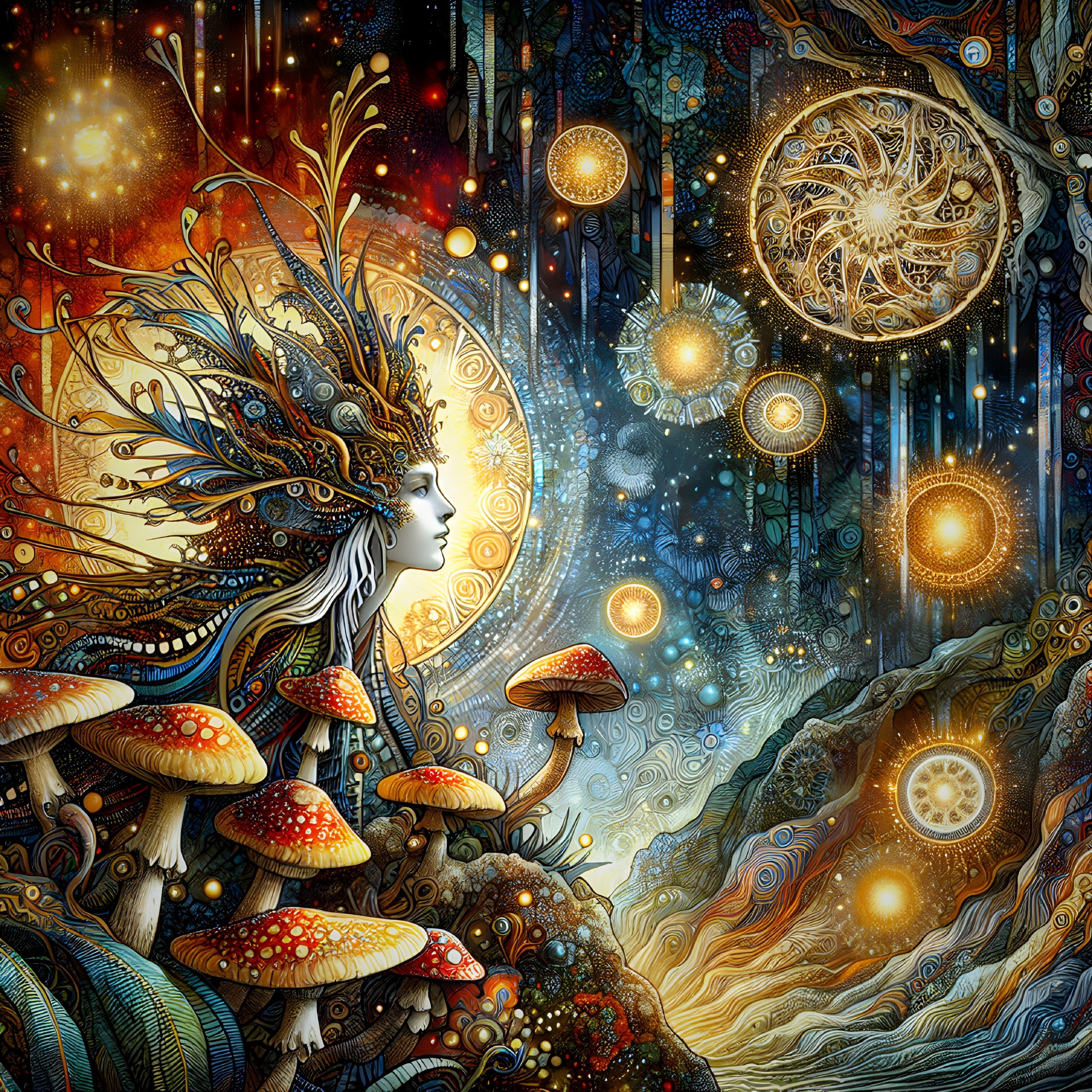 Mystical Landscape with Vibrant Colors and Orbs of Light