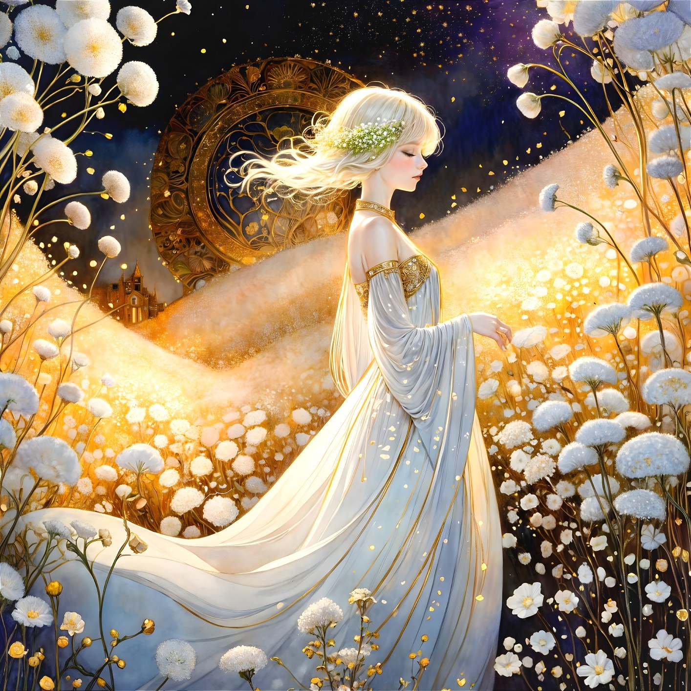 Serene figure in white gown among delicate flowers