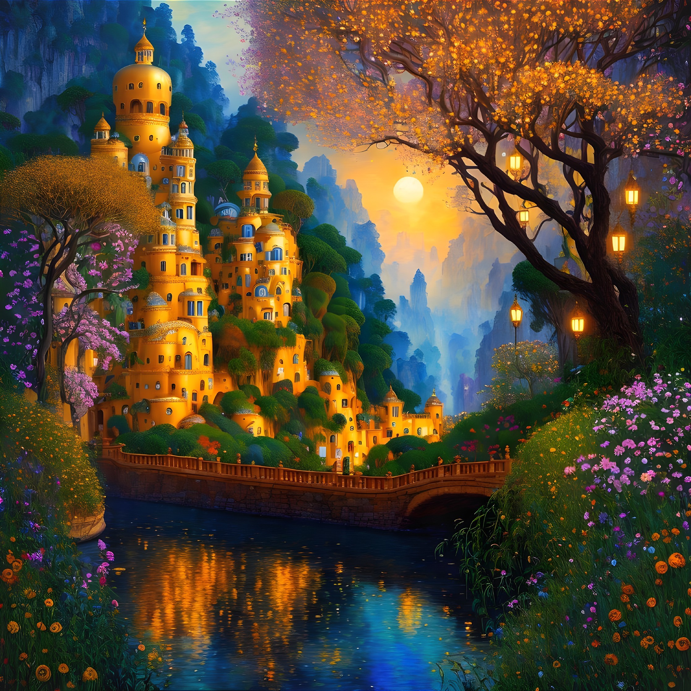Whimsical Landscape with Golden Towers and Sunset Glow