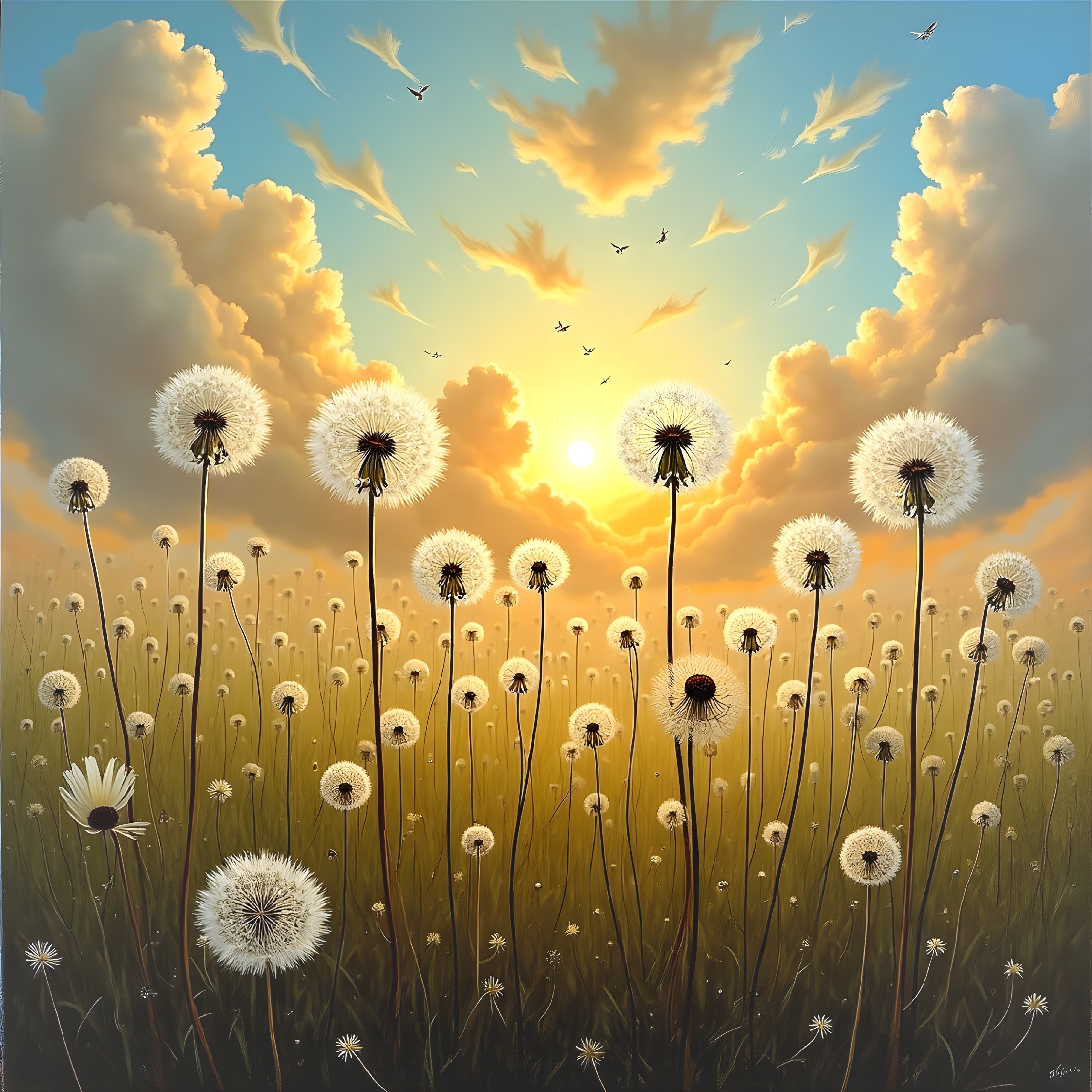 Serene field of dandelions at sunset with birds