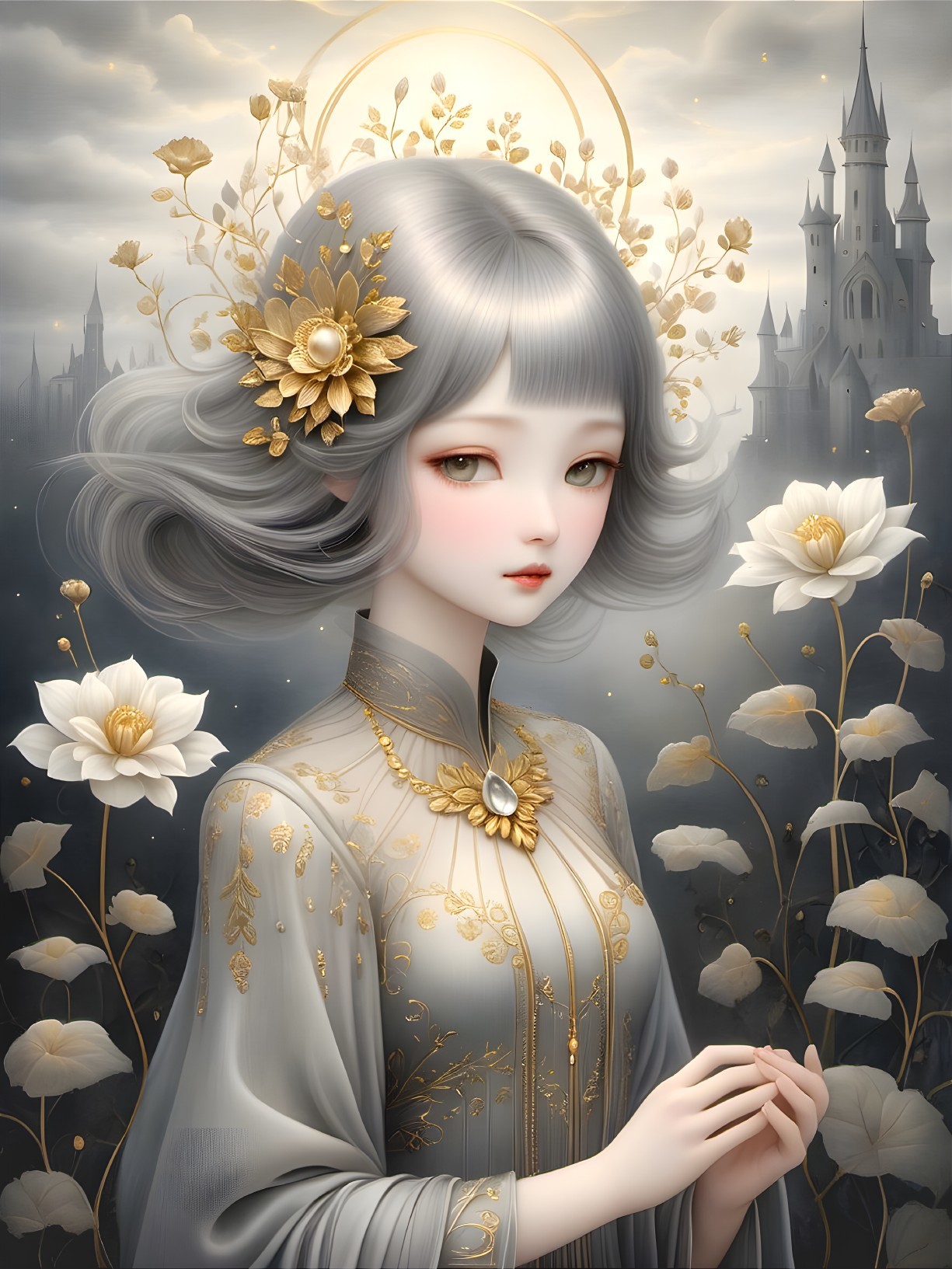 Serene Young Woman in Gray Gown Among Ethereal Blooms