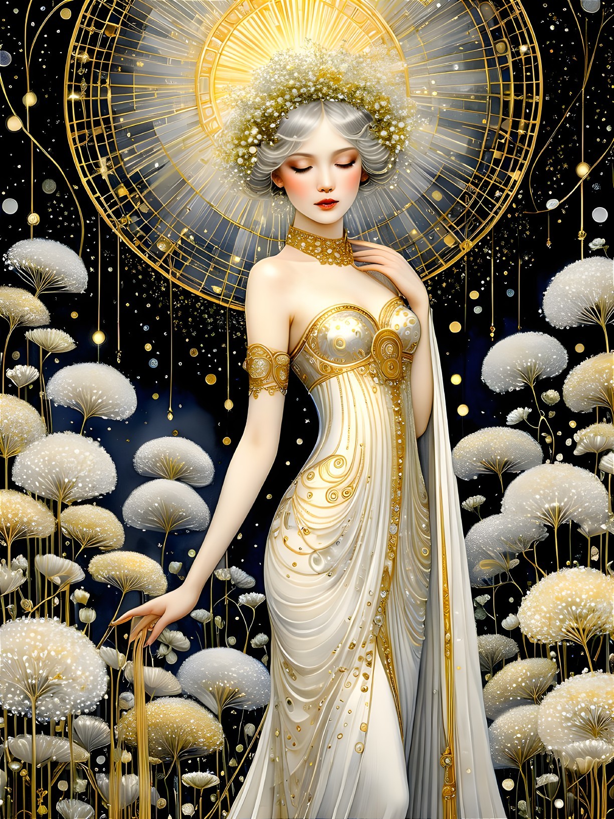 Graceful Figure in White Gown Against Starry Background