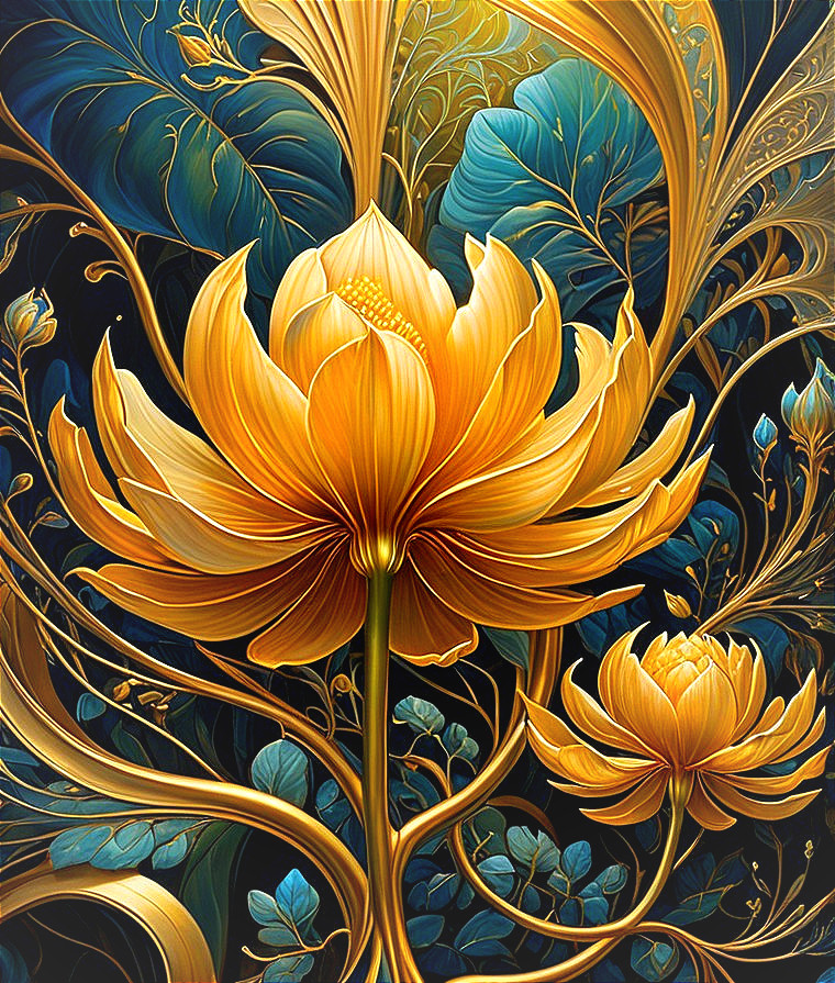 Golden Lotus Flowers Amidst Swirling Leaves and Vines
