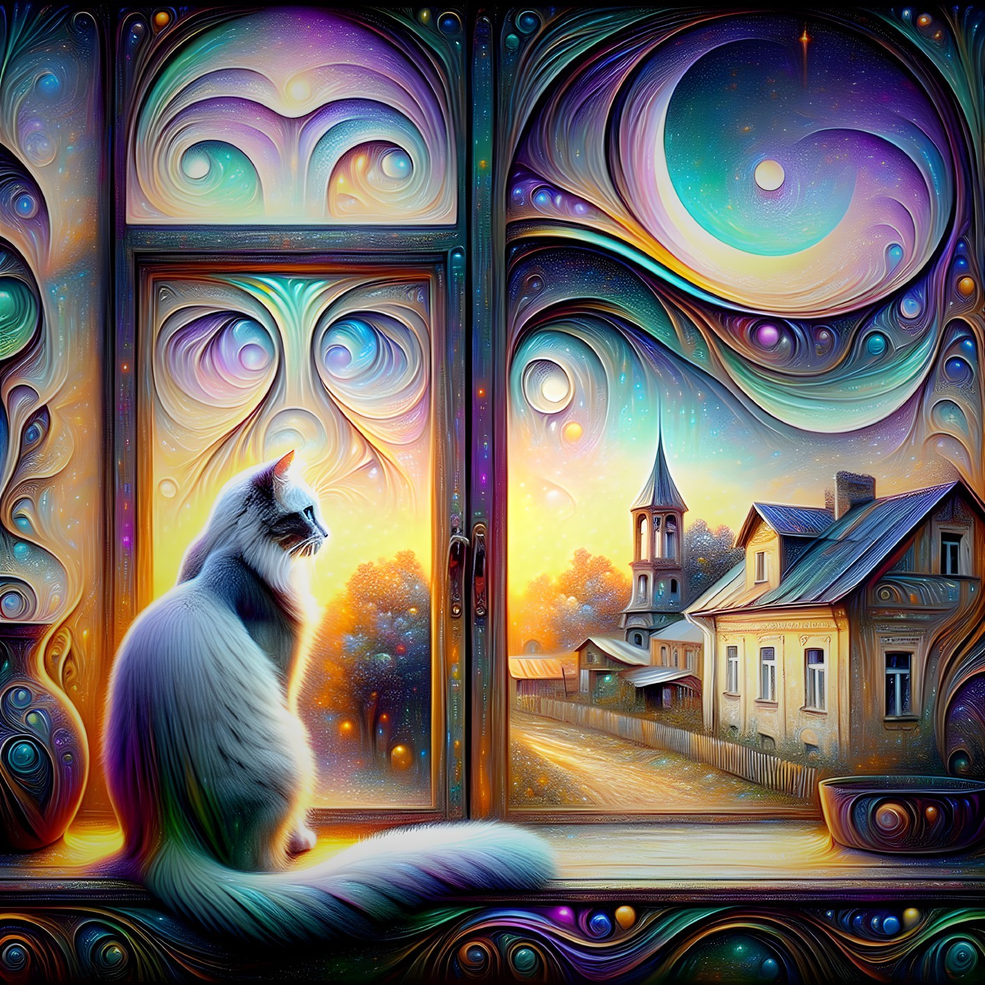 Fluffy White Cat by Colorful Sunset Window Scene