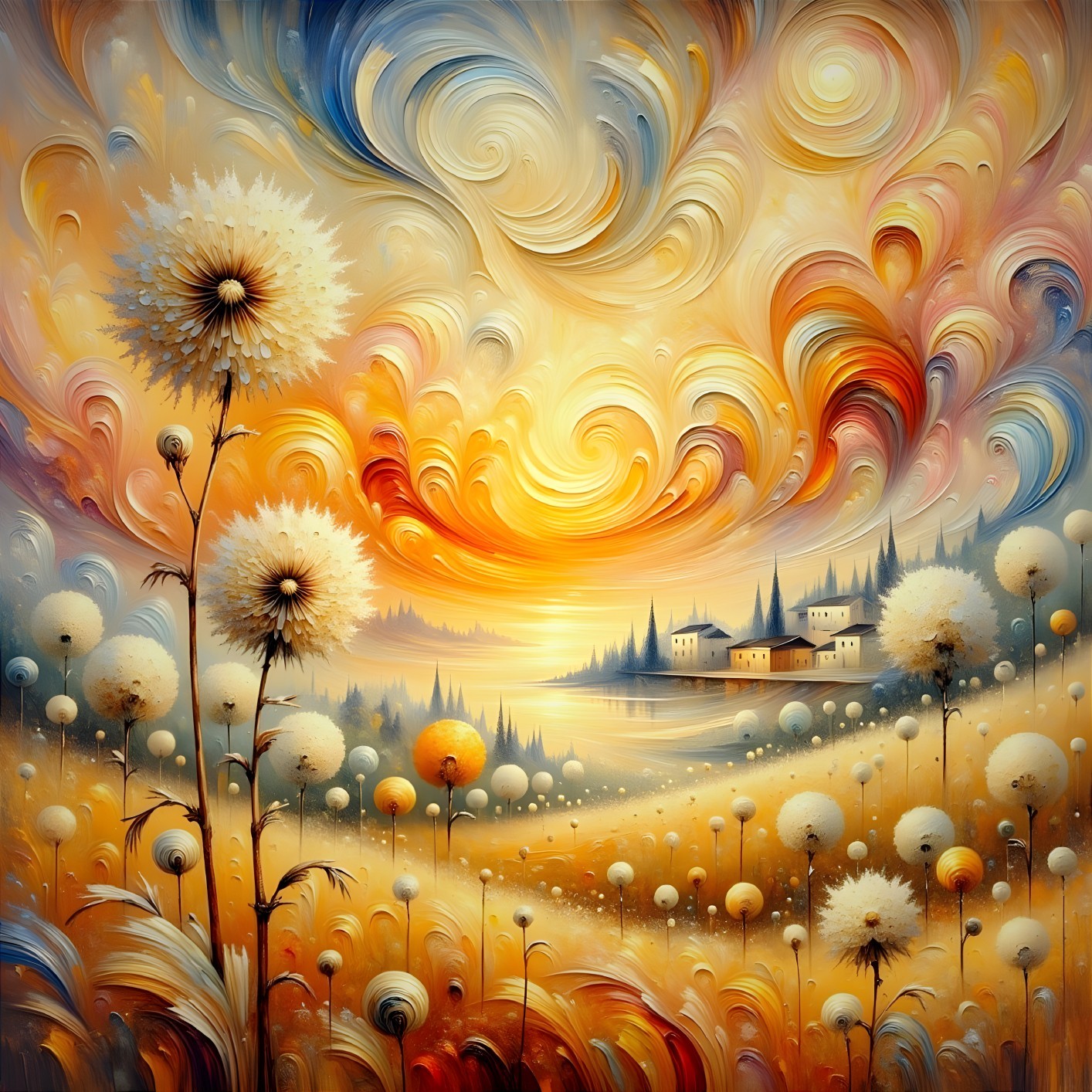 Vibrant Landscape with Dandelion Flowers at Sunset